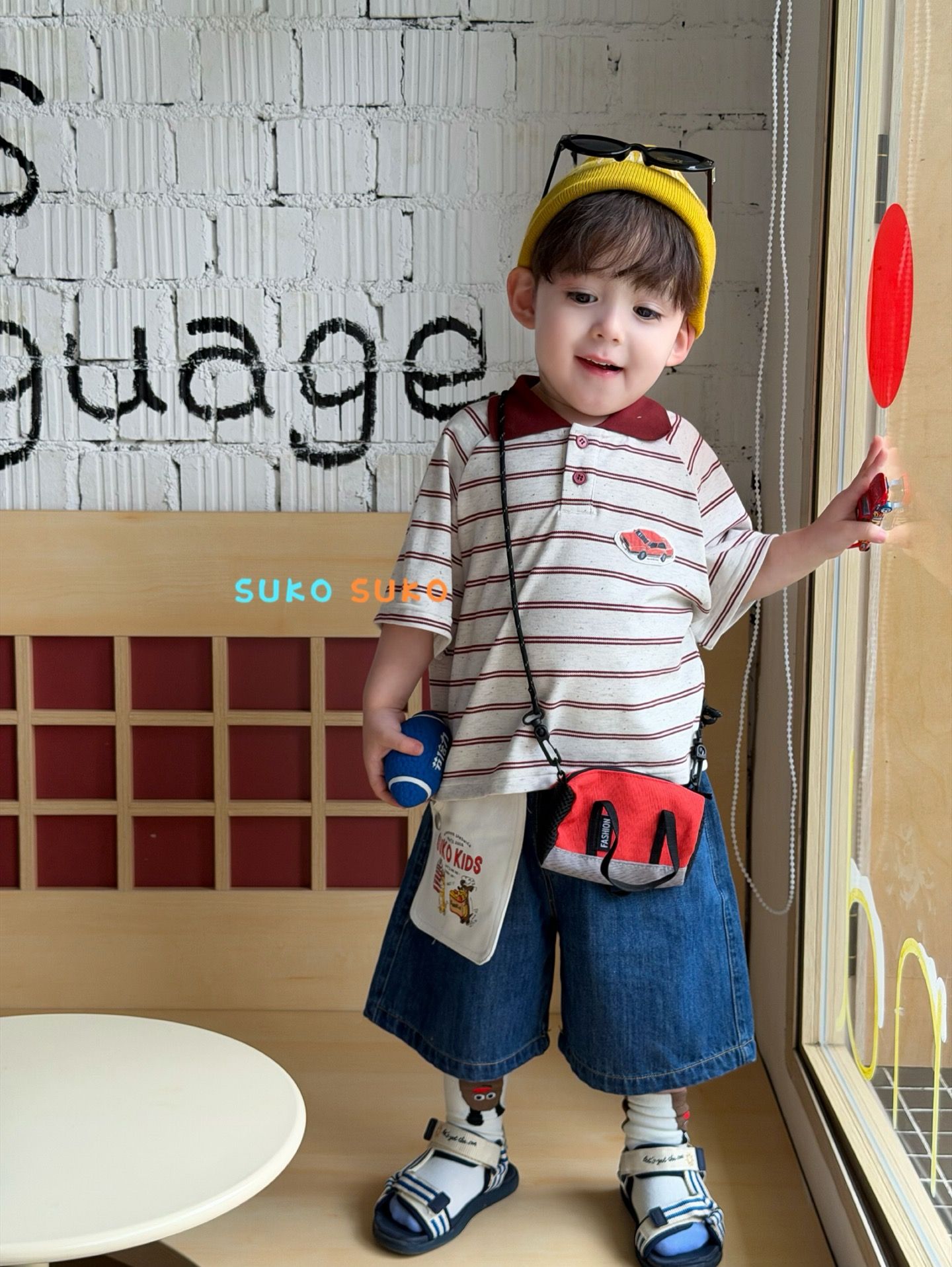 Suko Suko - Set bé trai polo kẻ + quần short xanh KIDS