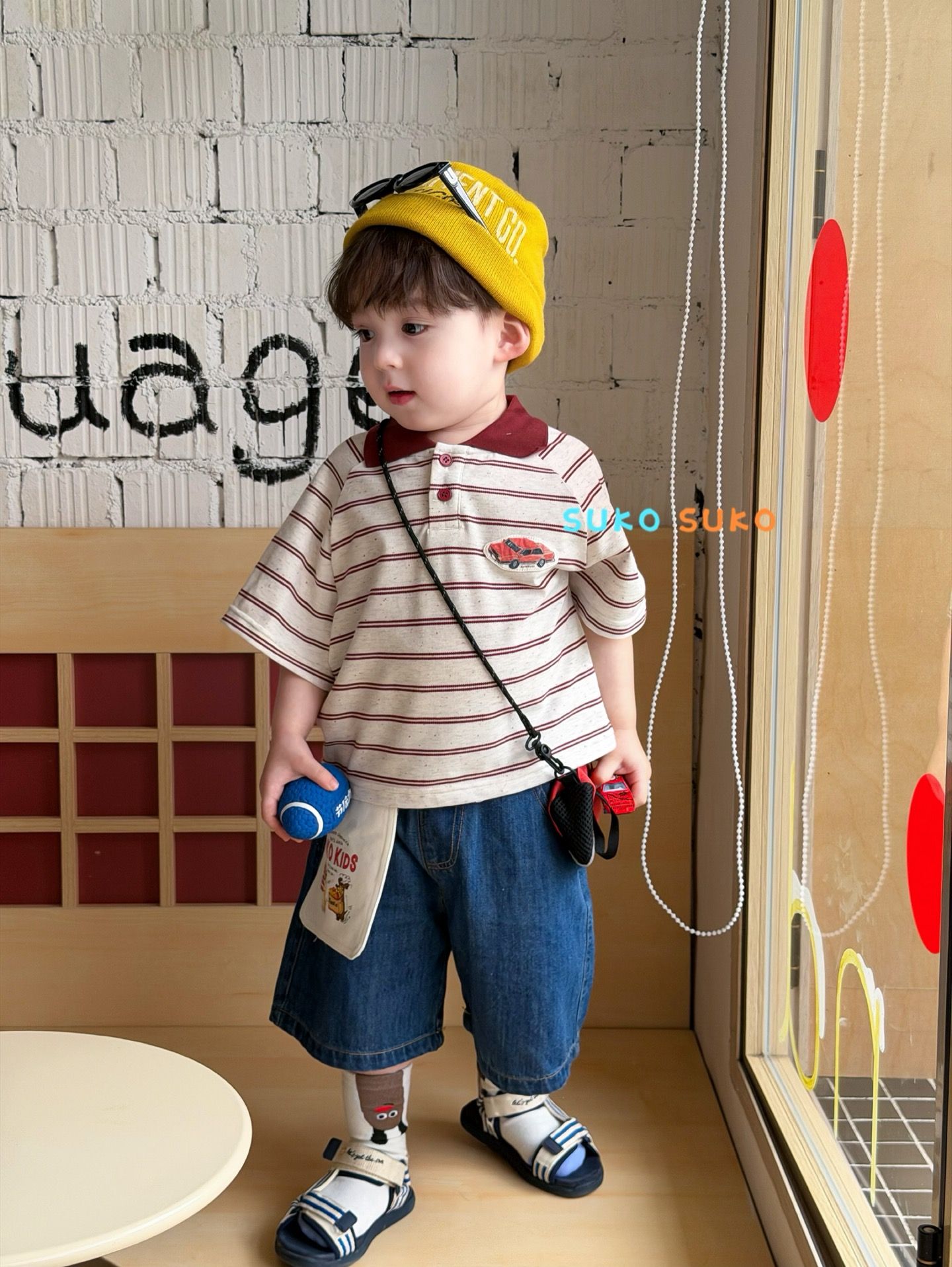 Suko Suko - Set bé trai polo kẻ + quần short xanh KIDS
