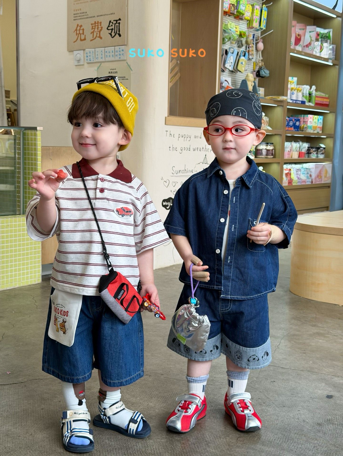 Suko Suko - Set bé trai polo kẻ + quần short xanh KIDS