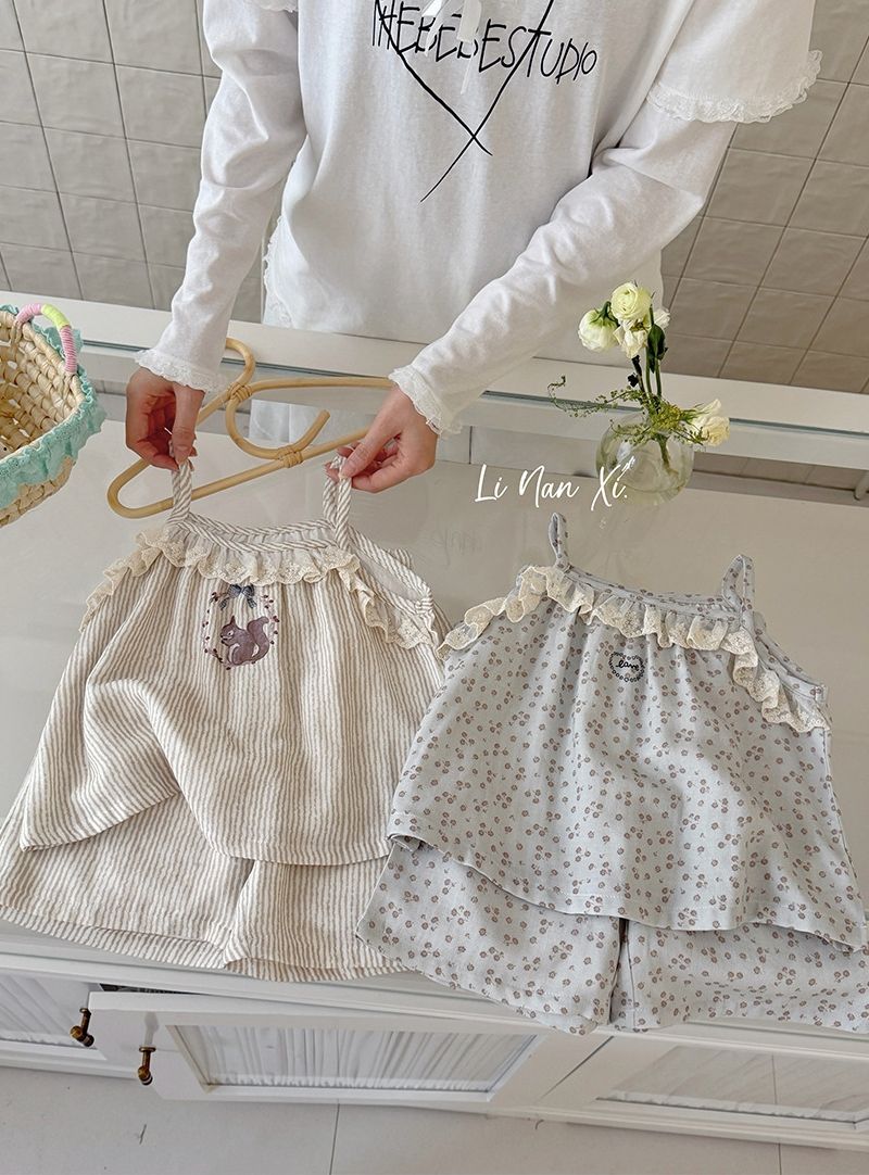 Homewear Linanxi hai dây cổ ren bèo