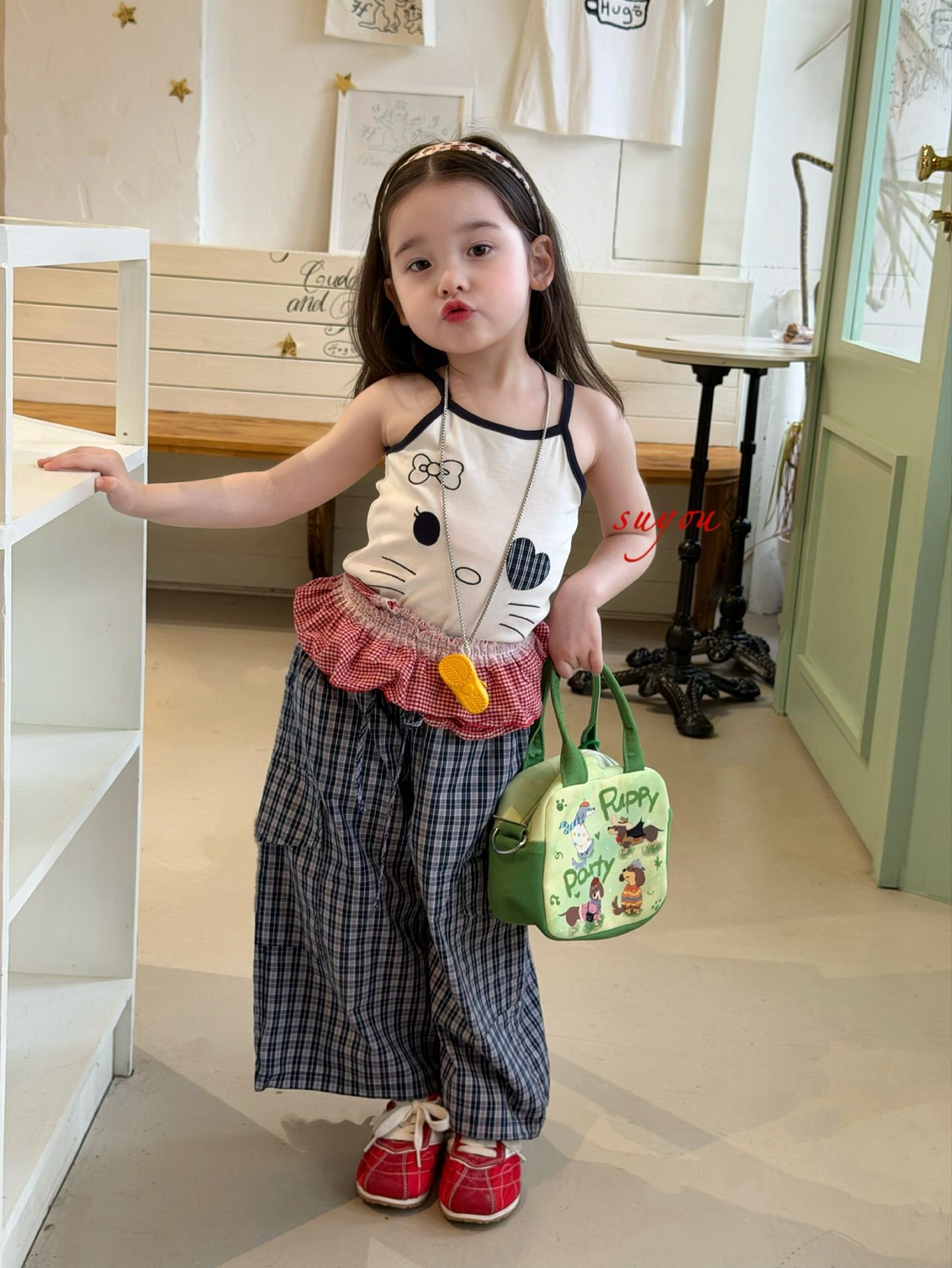 Kitty caro Suyou - Quần suông caro xanh