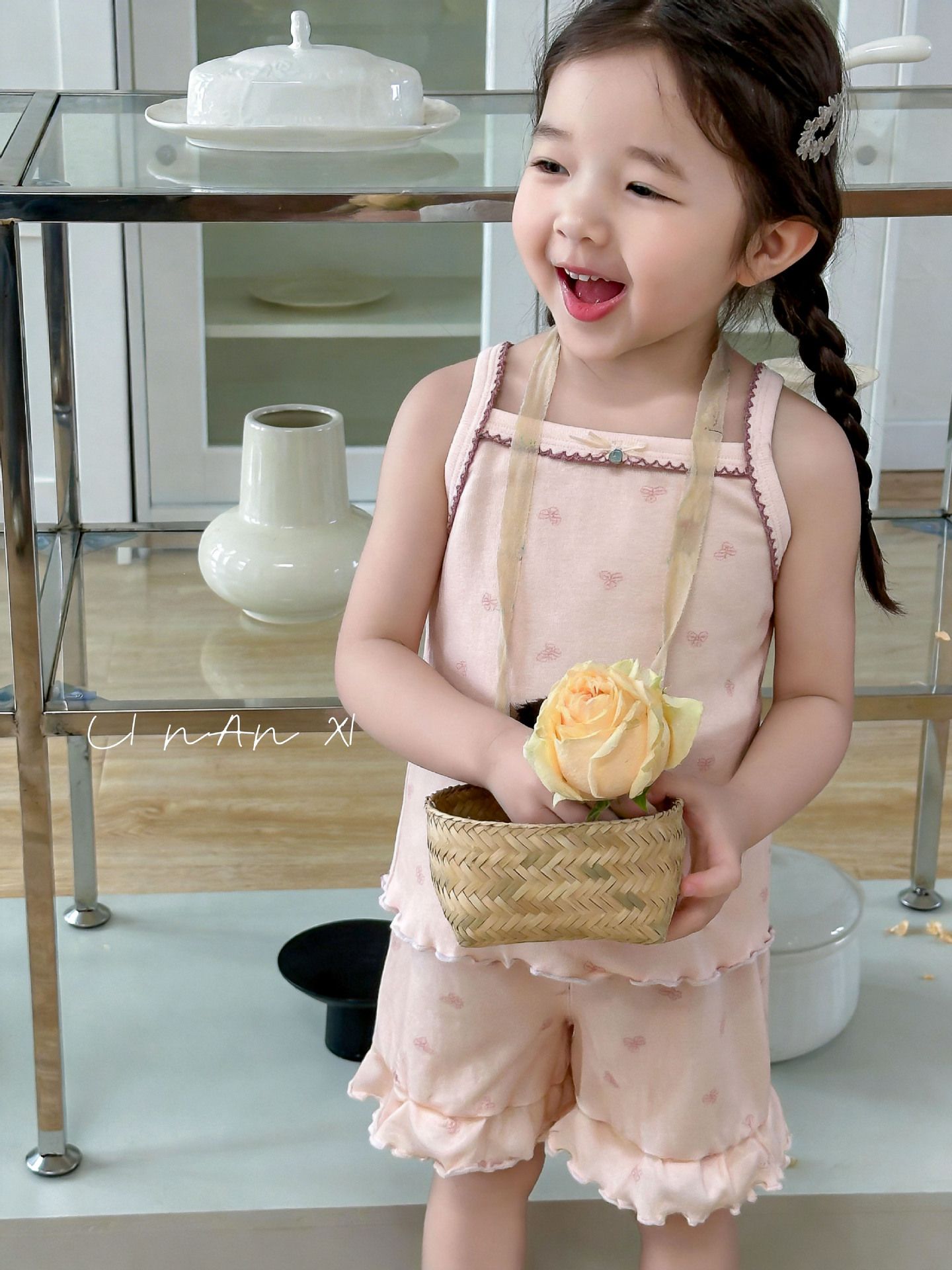 Homewear Linanxi hai dây viền bèo hồng đào
