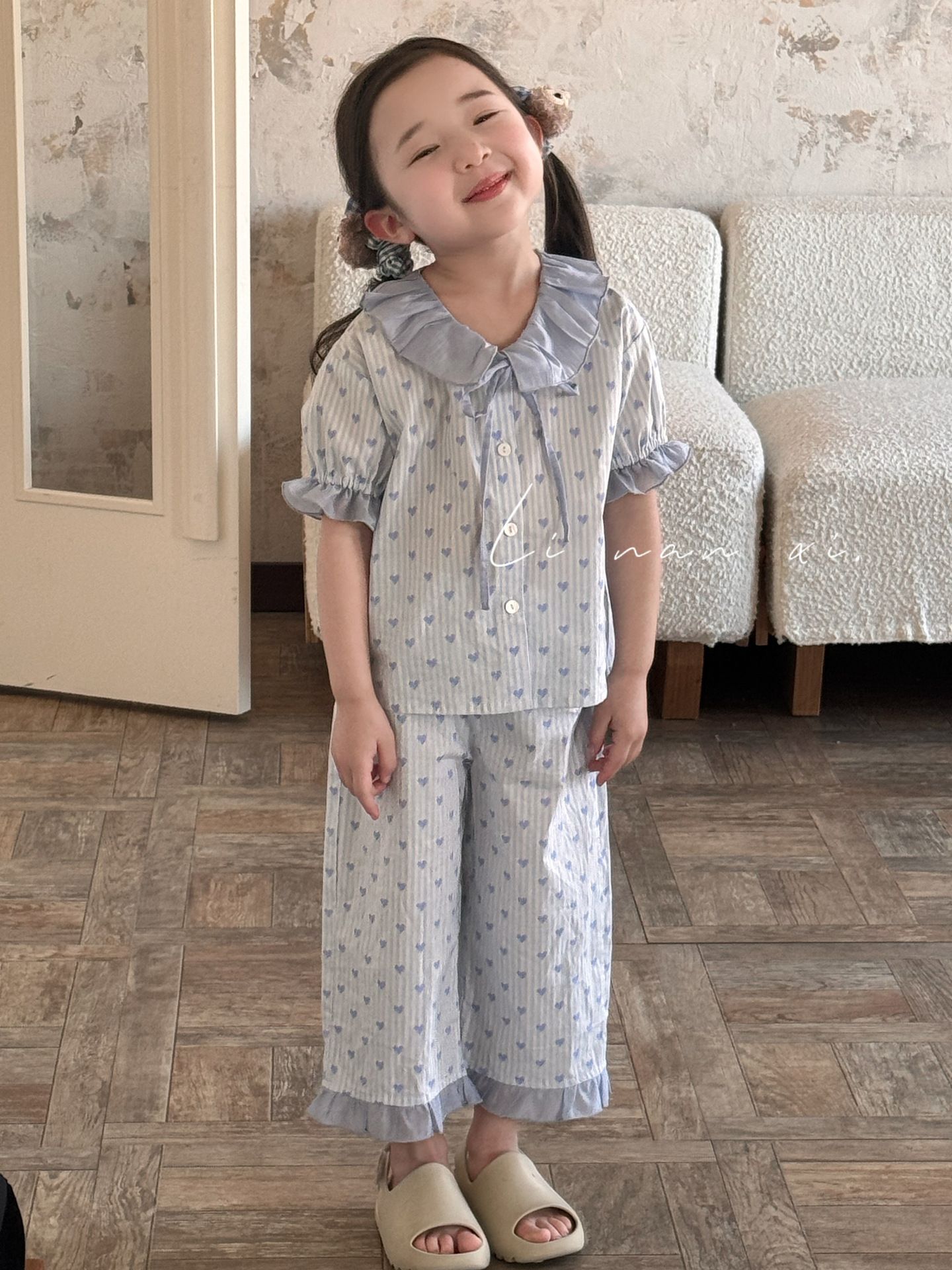 Homewear Linanxi cổ bèo tim xanh kẻ sọc