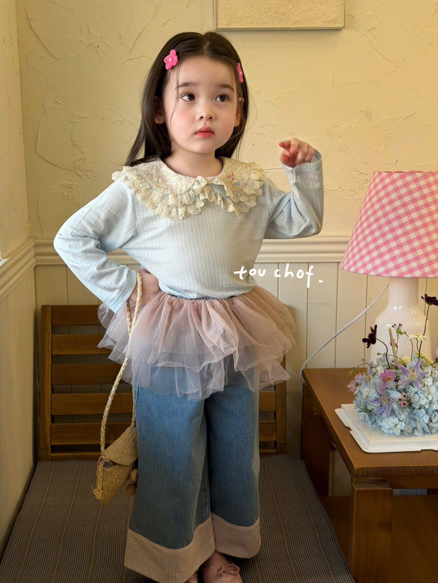 Touch Of - Áo thun xanh cổ sen 2 tầng