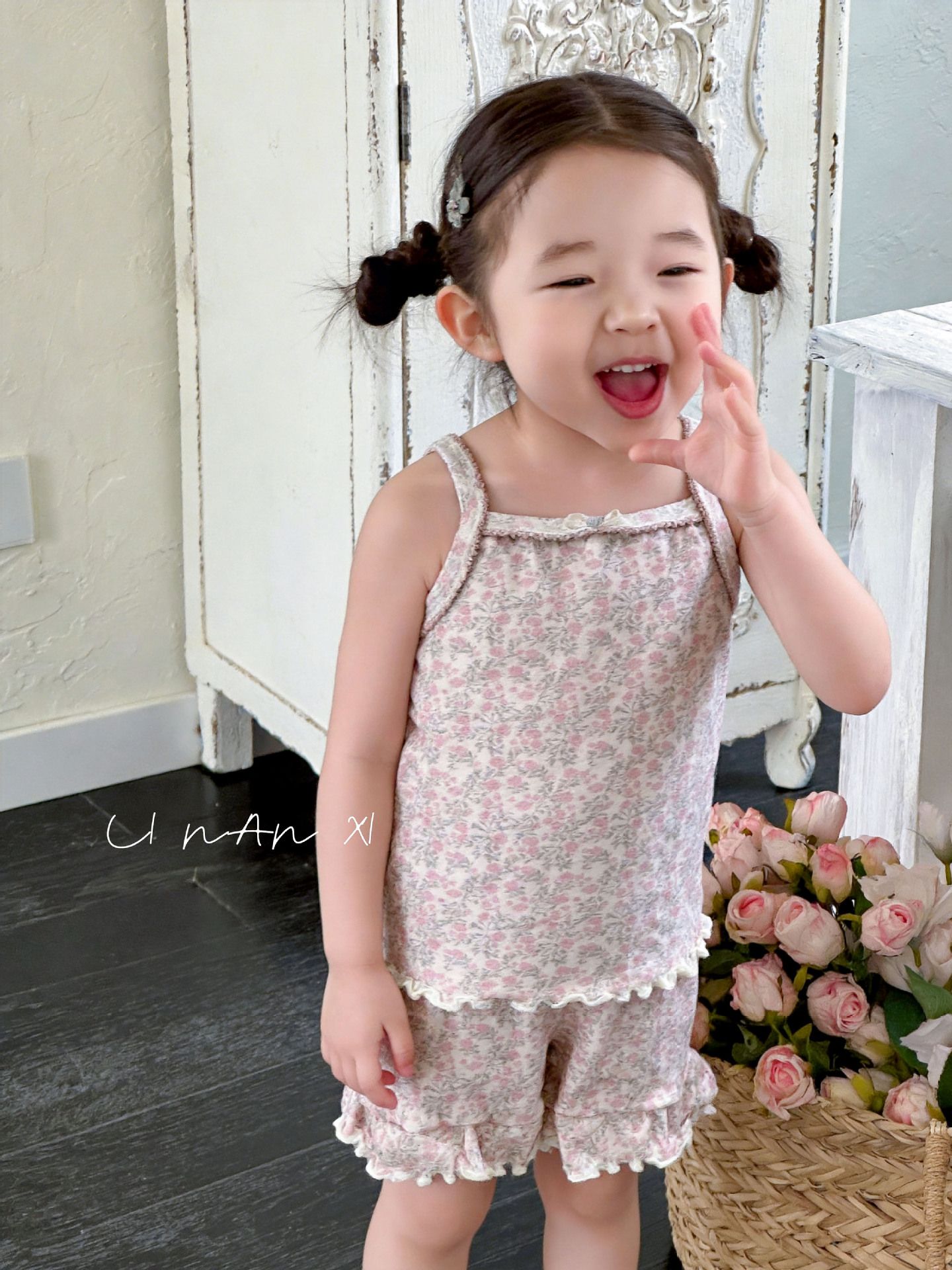 Homewear Linanxi hai dây viền bèo hoa hồng