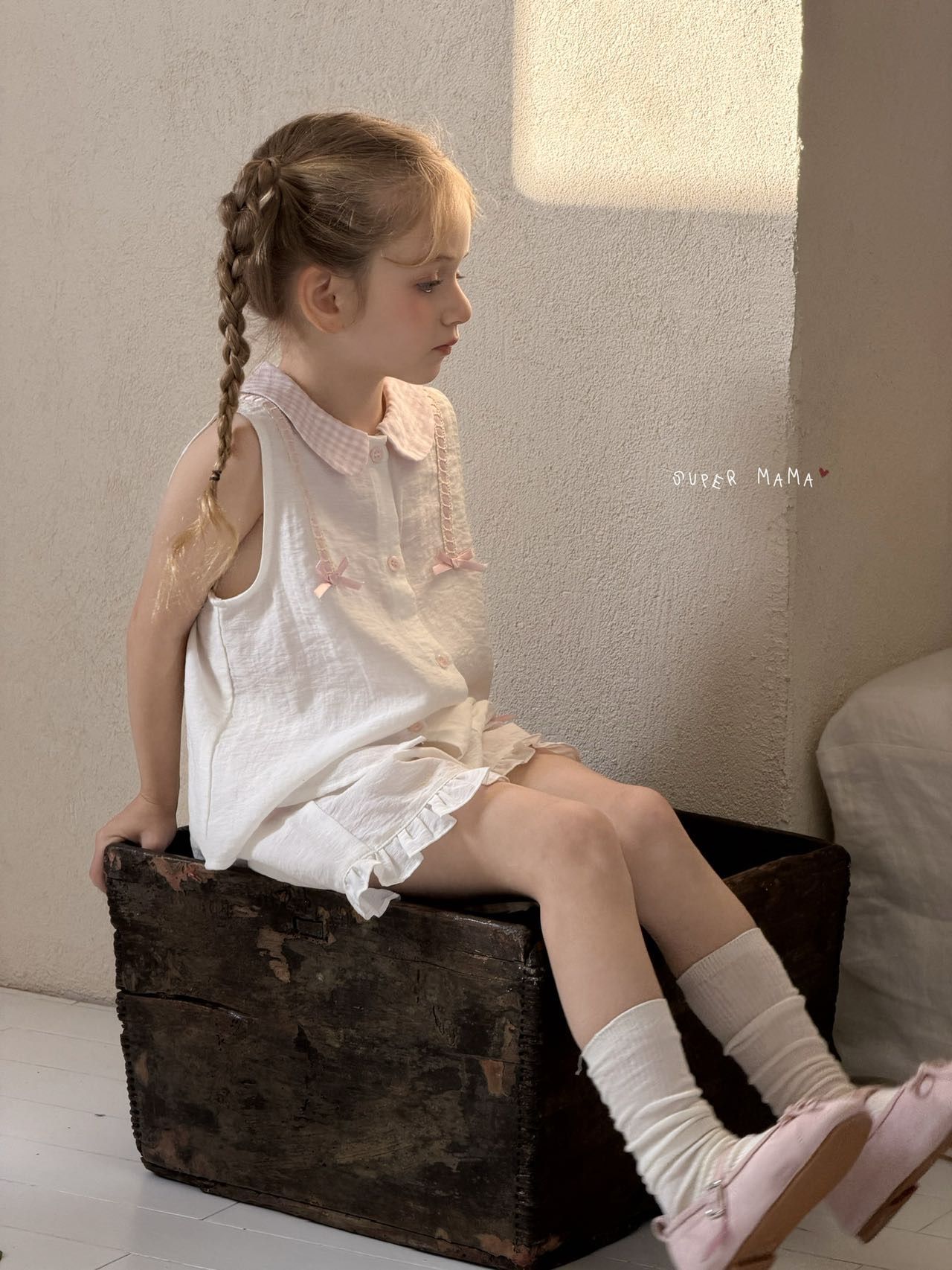 Set Super Mama Set cổ sen caro hồng