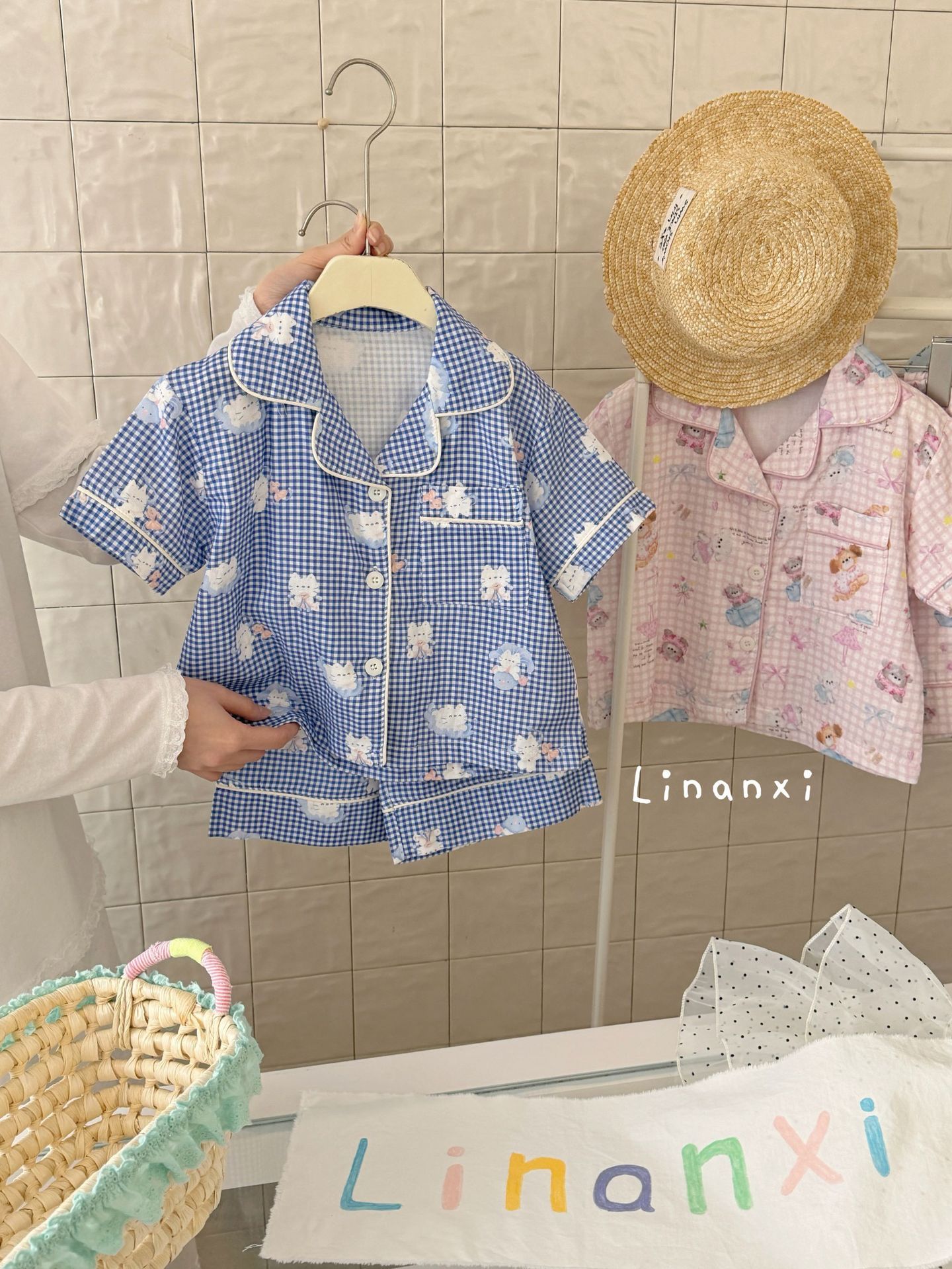 Homewear Pyjama Linanxi mèo caro xanh