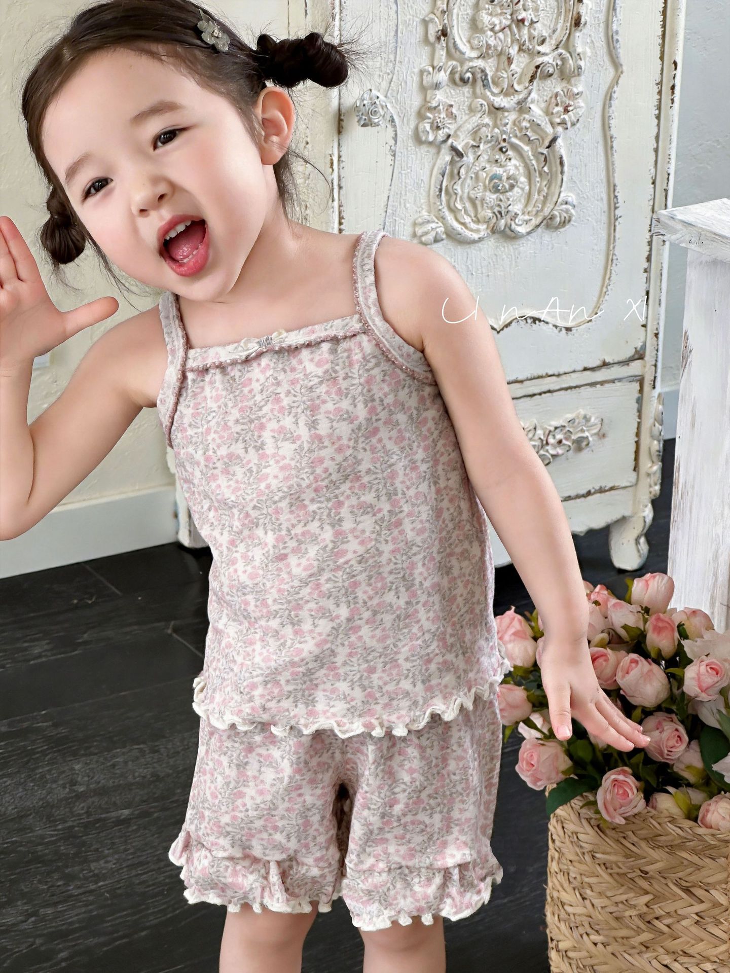 Homewear Linanxi hai dây viền bèo hoa hồng