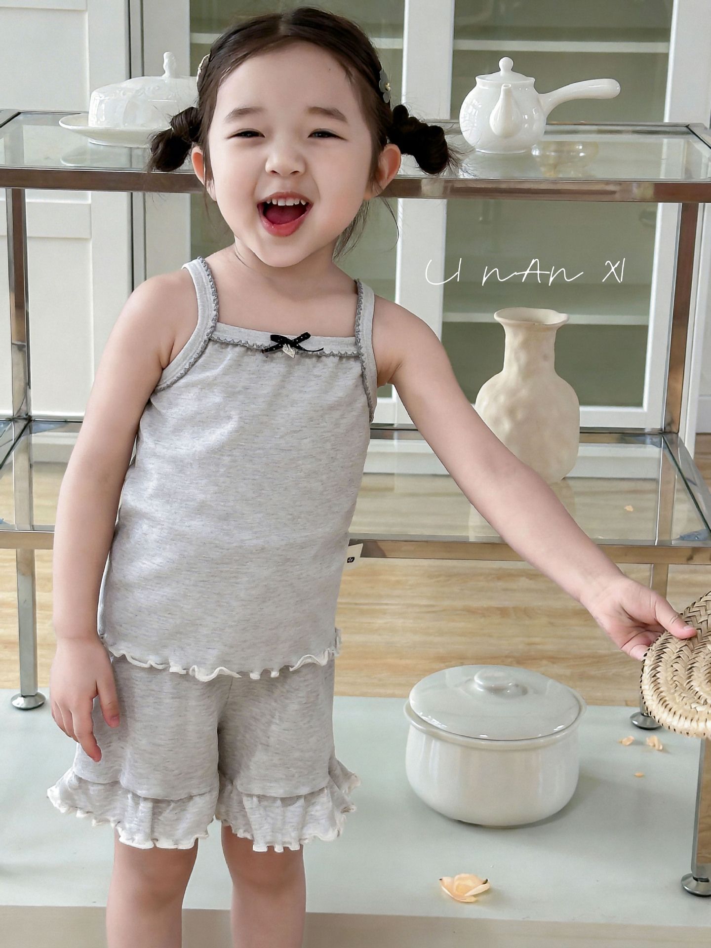 Homewear Linanxi hai dây viền bèo gray