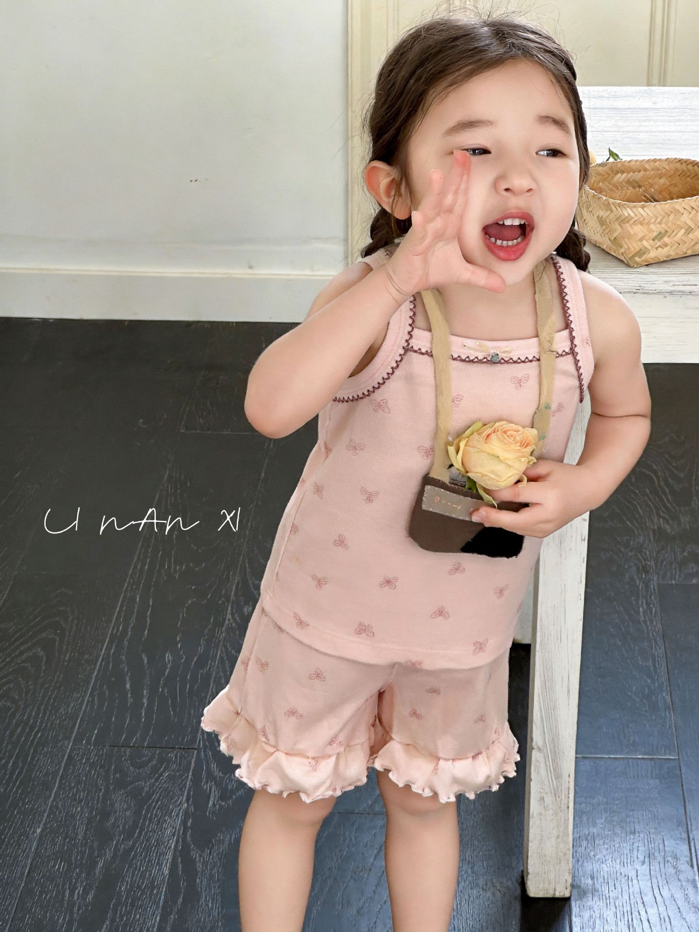 Homewear Linanxi hai dây viền bèo hồng đào