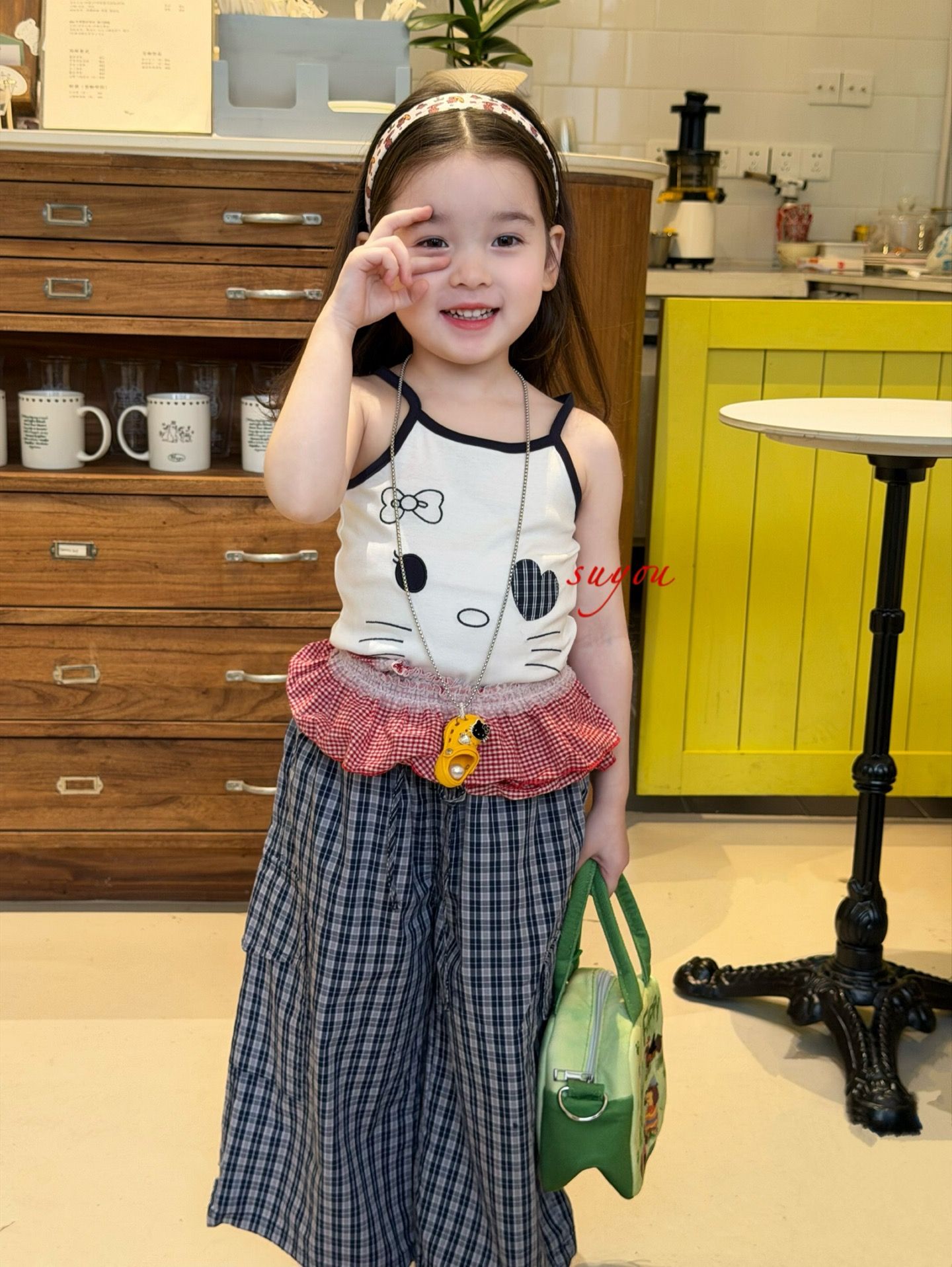 Kitty caro Suyou - Quần suông caro xanh