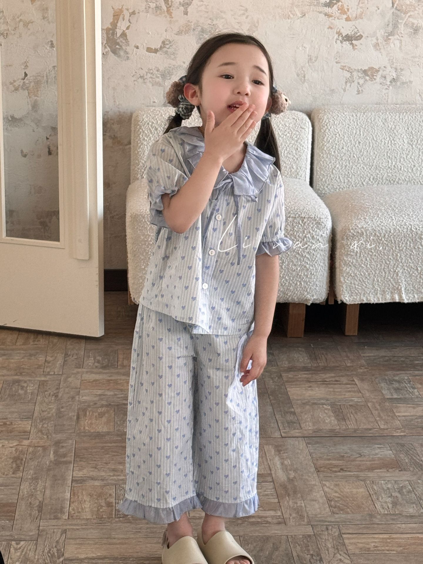 Homewear Linanxi cổ bèo tim xanh kẻ sọc