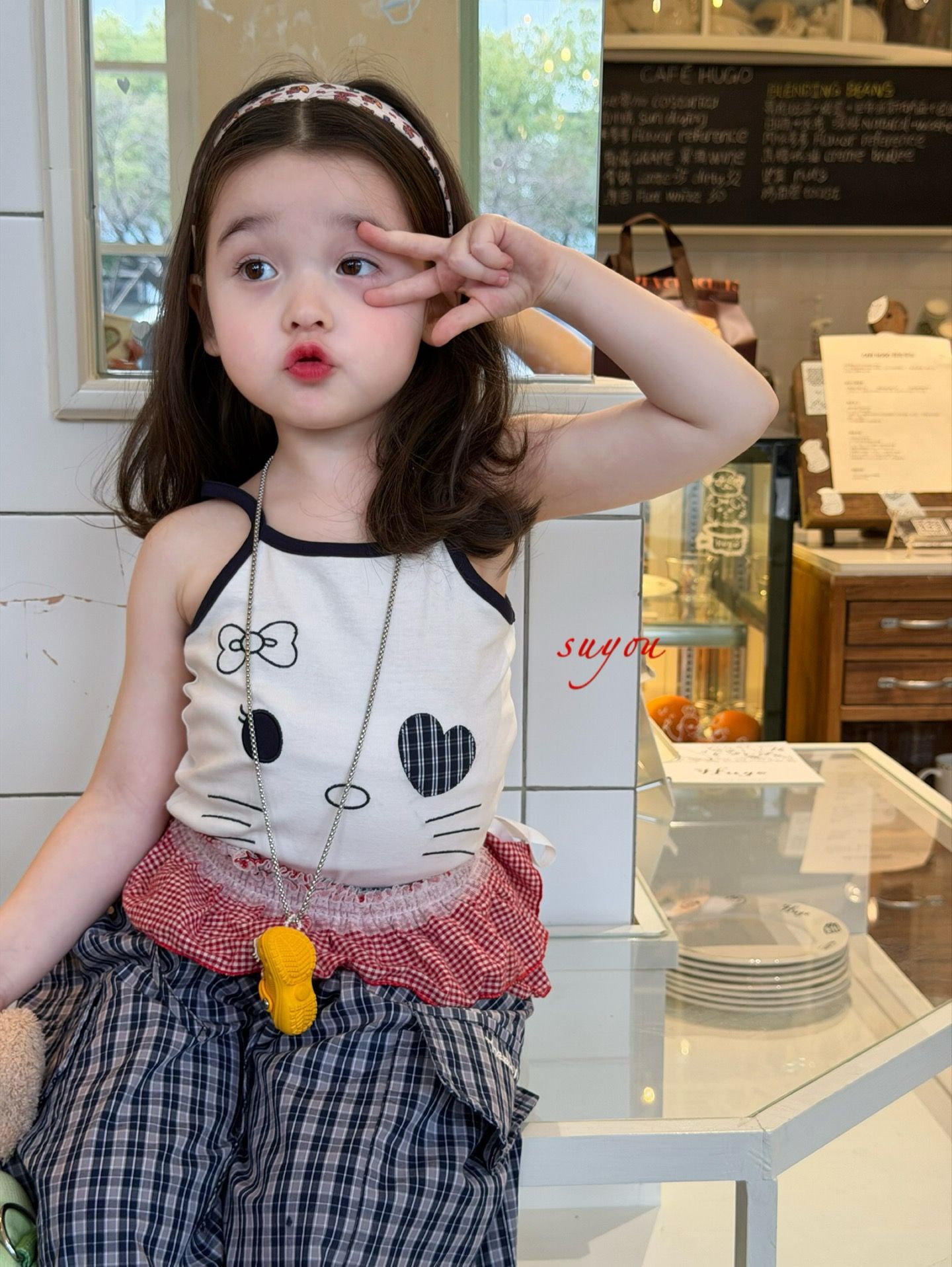Kitty caro Suyou - Quần suông caro xanh
