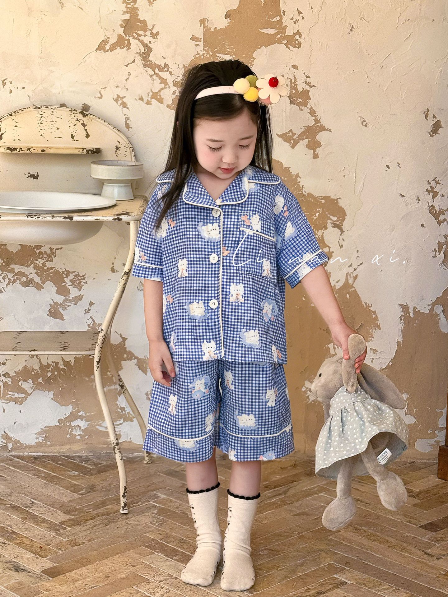Homewear Pyjama Linanxi mèo caro xanh