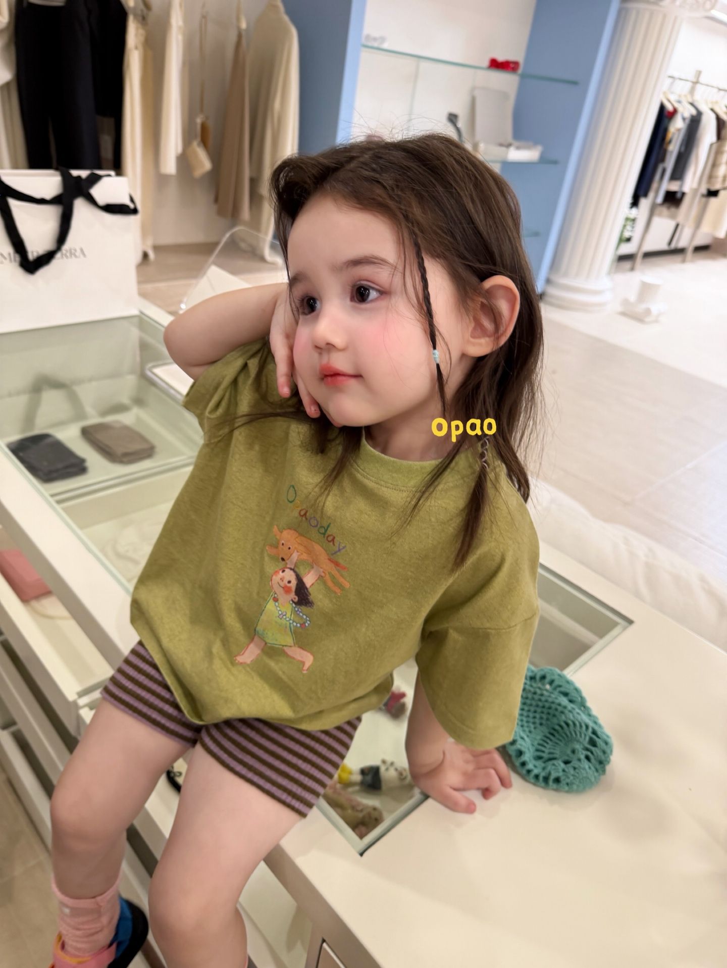 Opao day - Quần short legging kẻ hồng nâu