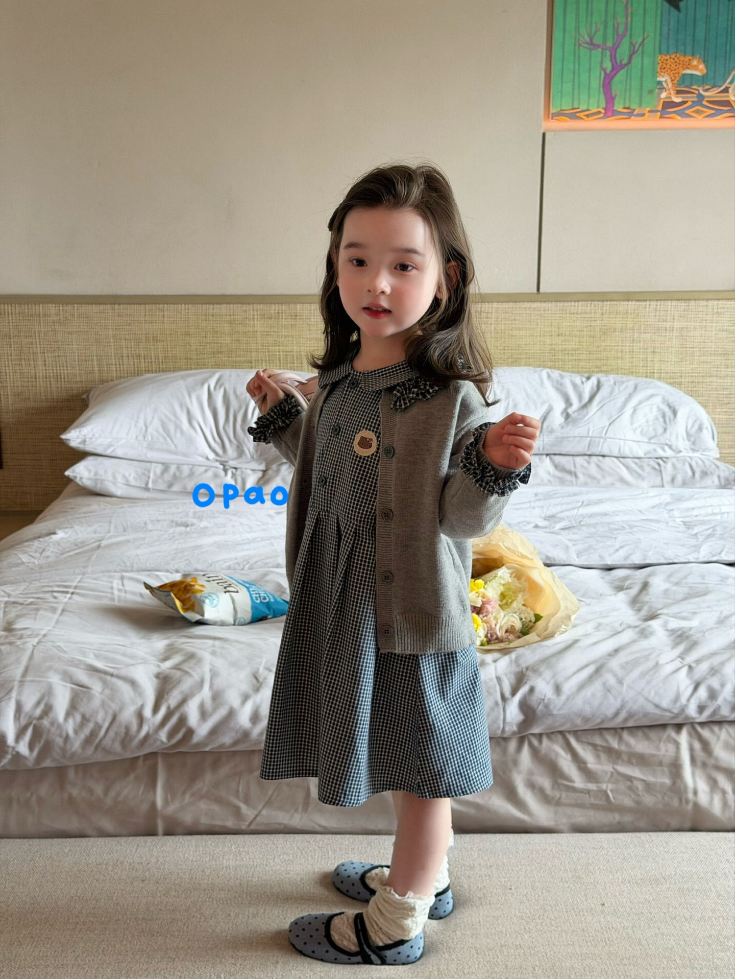 Opao - Đầm caro cổ sen