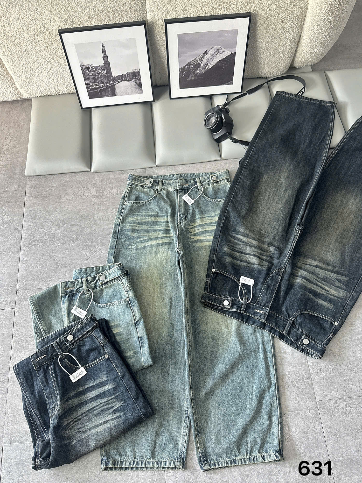 Hai màu quần jean suông nấm bigsize T-QJ631 xanh nhạt và xanh đậm với wash râu ở đùi