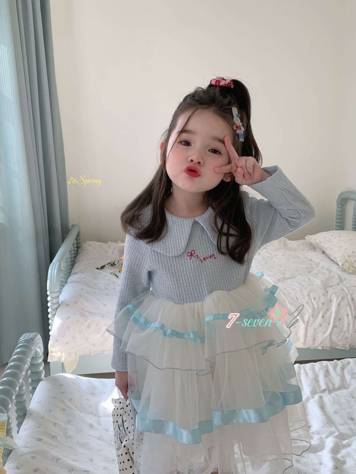 Đầm cổ sen 7-seven thân tutu viền xanh 7+009