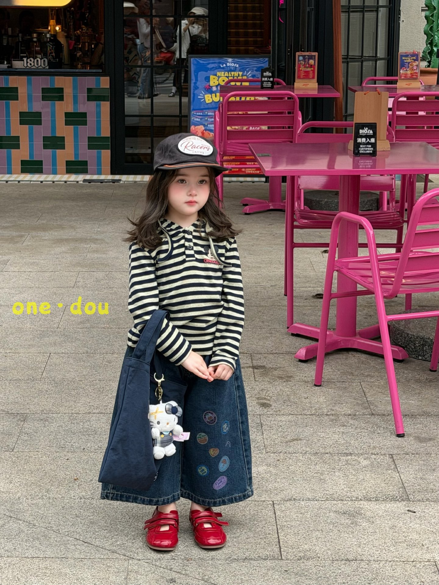 One Dou - Áo hoodie kẻ xanh Mickey