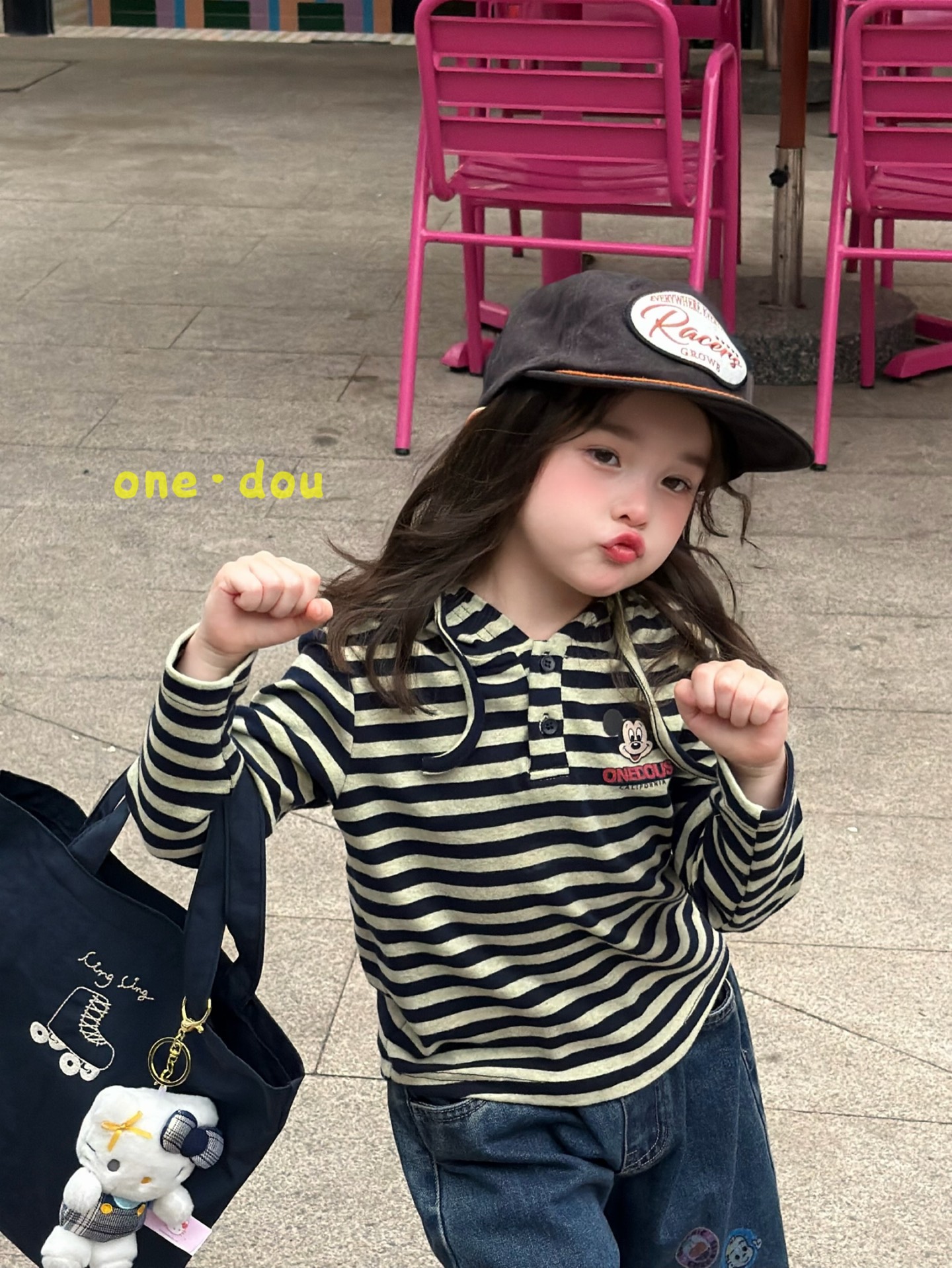 One Dou - Áo hoodie kẻ xanh Mickey