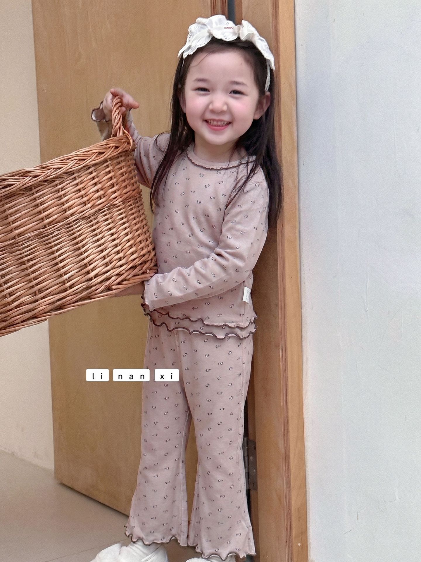 Homewear Linanxi viền sóng hoa hồng nâu