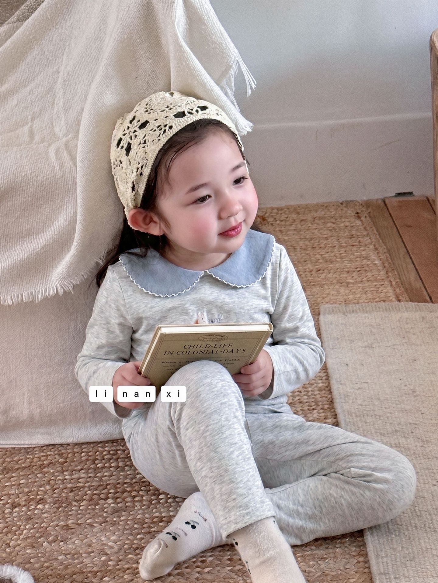 Homewear Linanxi cổ sen sóng thỏ xám