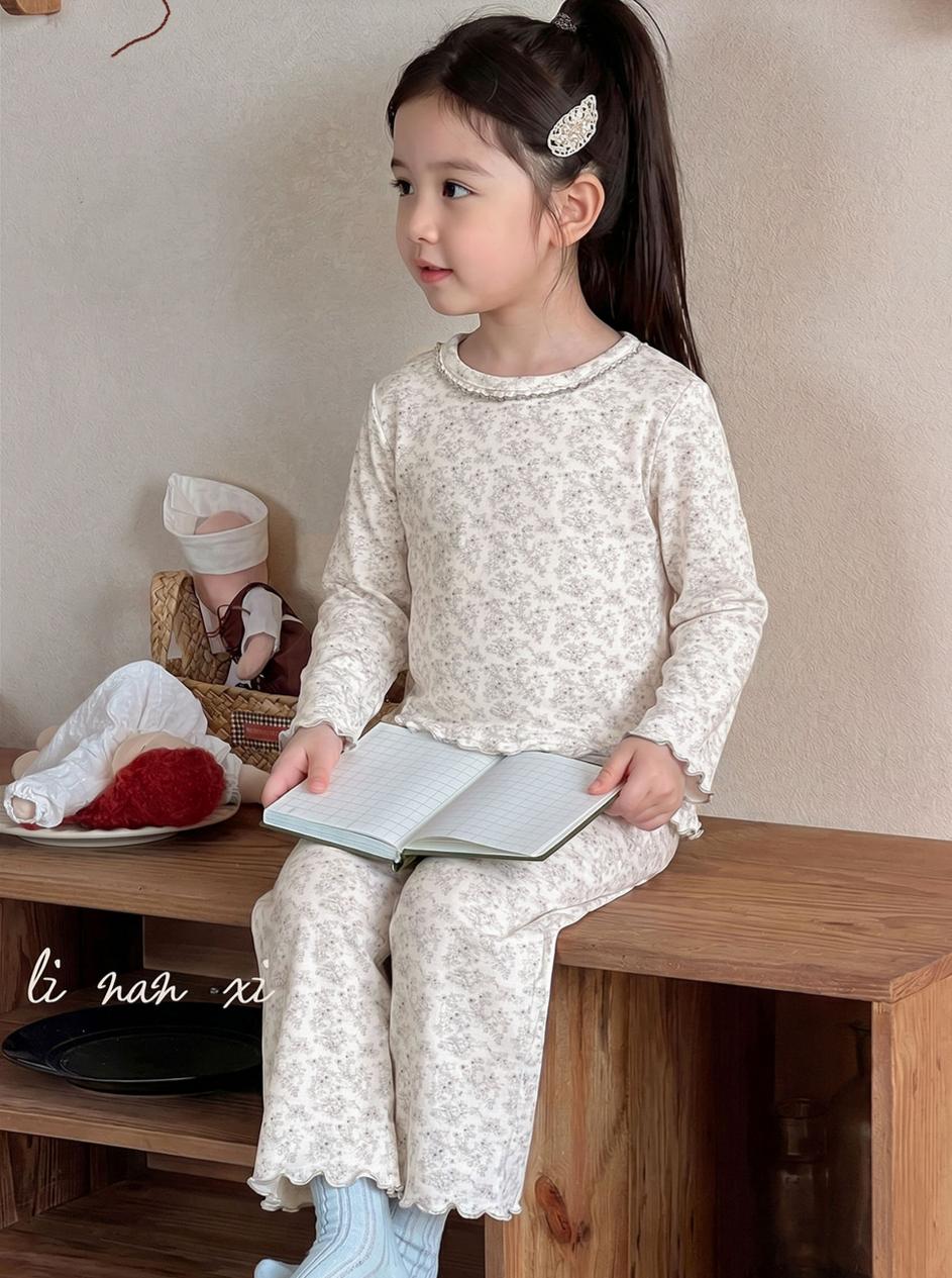 Homewear Linanxi viền sóng hoa nâu nhạt