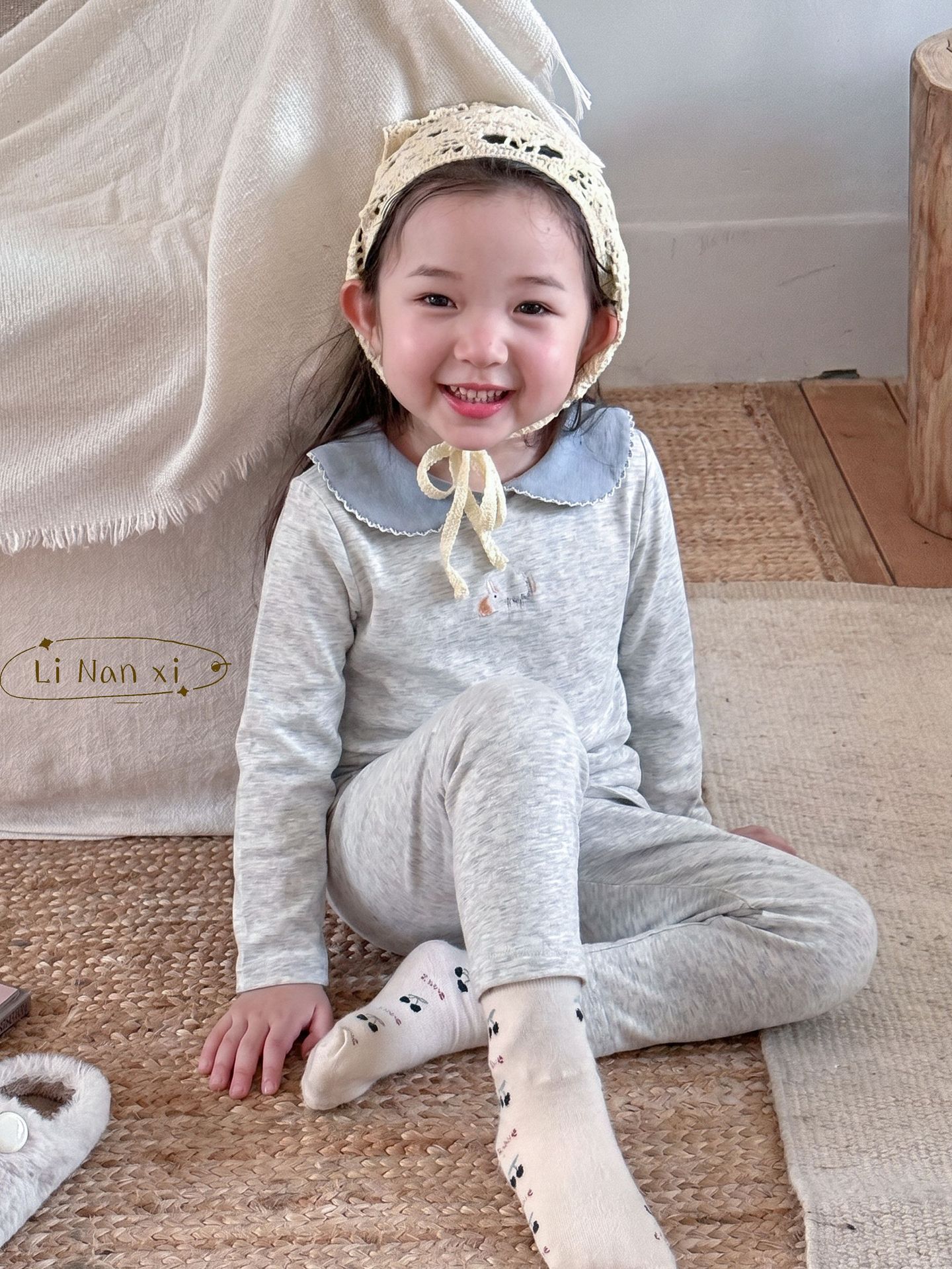 Homewear Linanxi cổ sen sóng thỏ xám