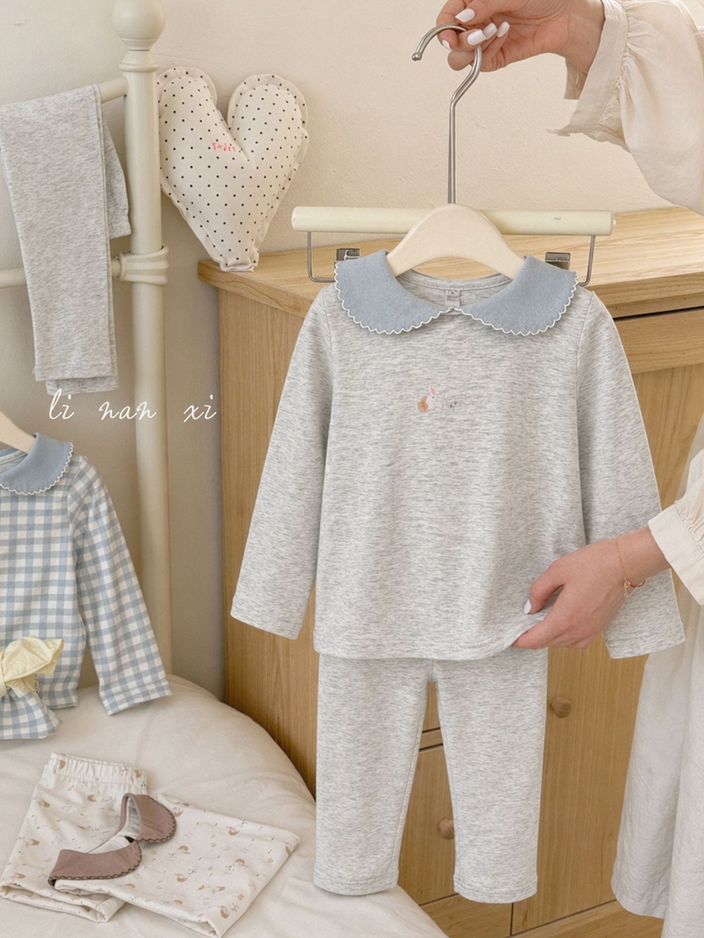 Homewear Linanxi cổ sen sóng thỏ xám