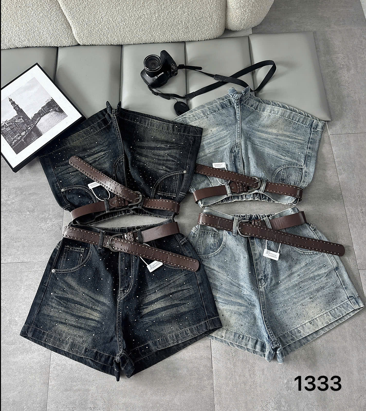 Quần short jean ép đá wash loang T-QSJ1333 hai tông wash đậm và wash nhạt