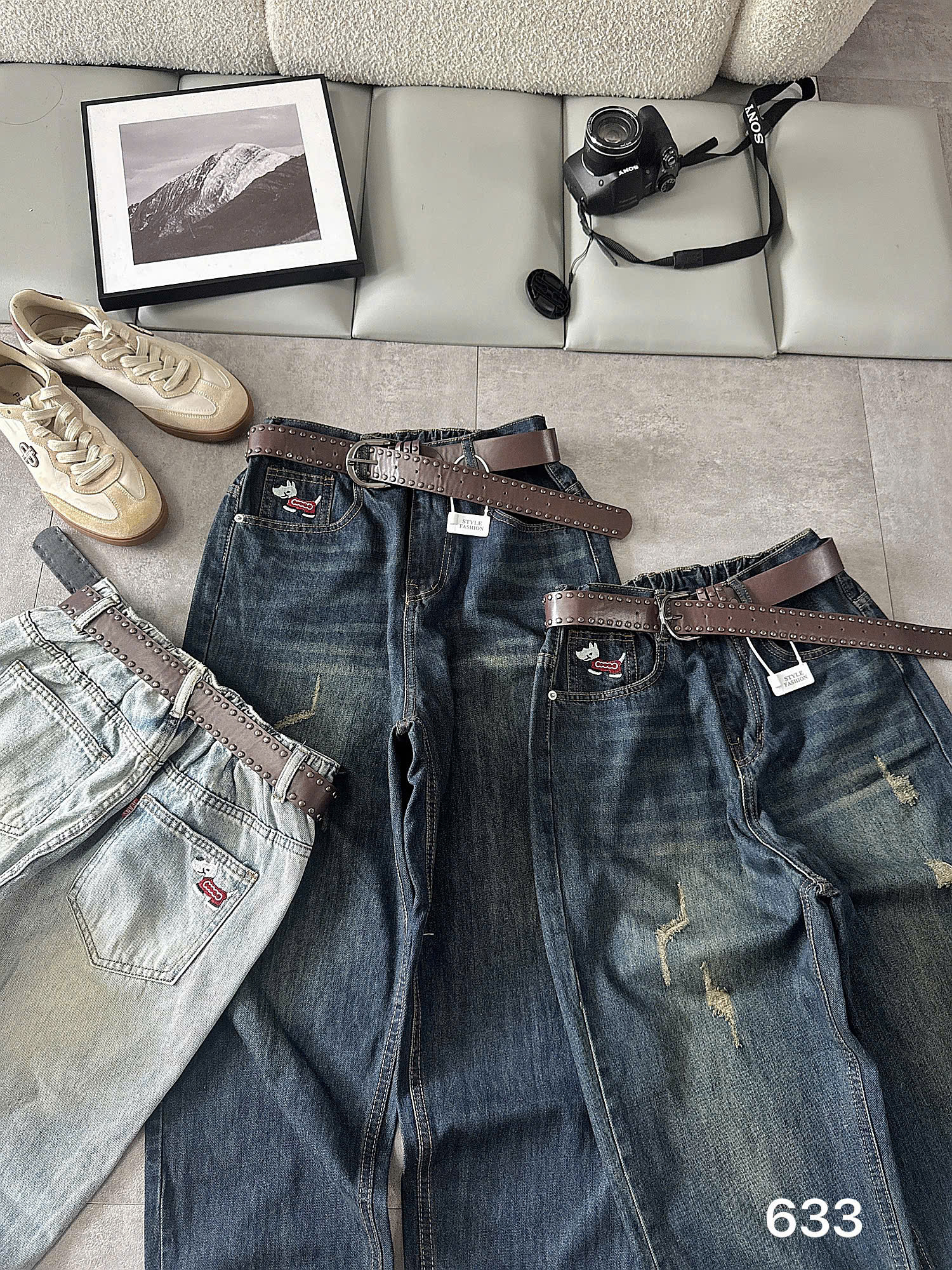 Nhiều góc quần jean baggy T-QJ633 cho thấy thêu cún và wash rách trên hai màu