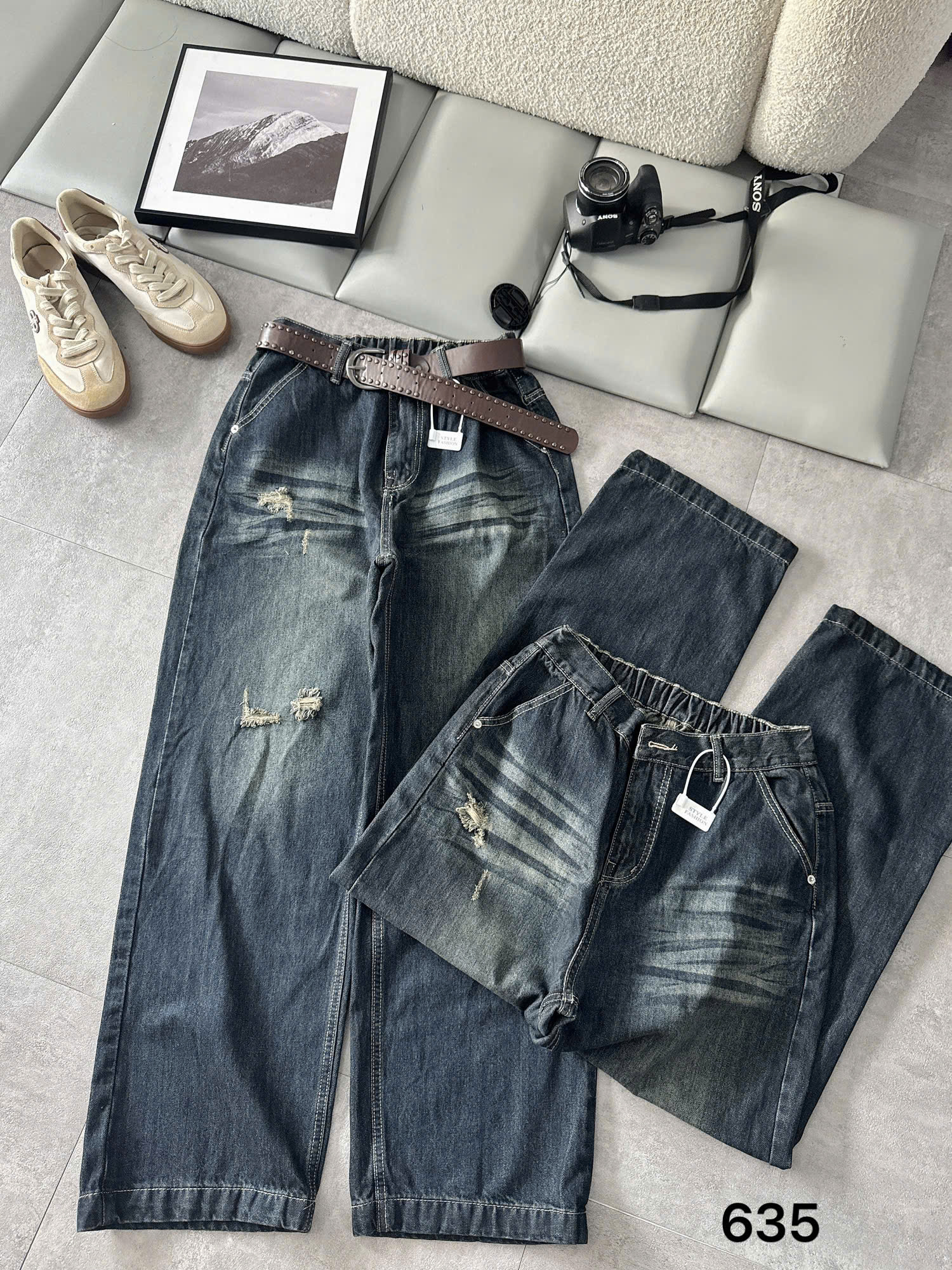 Quần jean suông lưng thun bigsize T-QJ635 màu xanh đậm wash xước và rách nhẹ