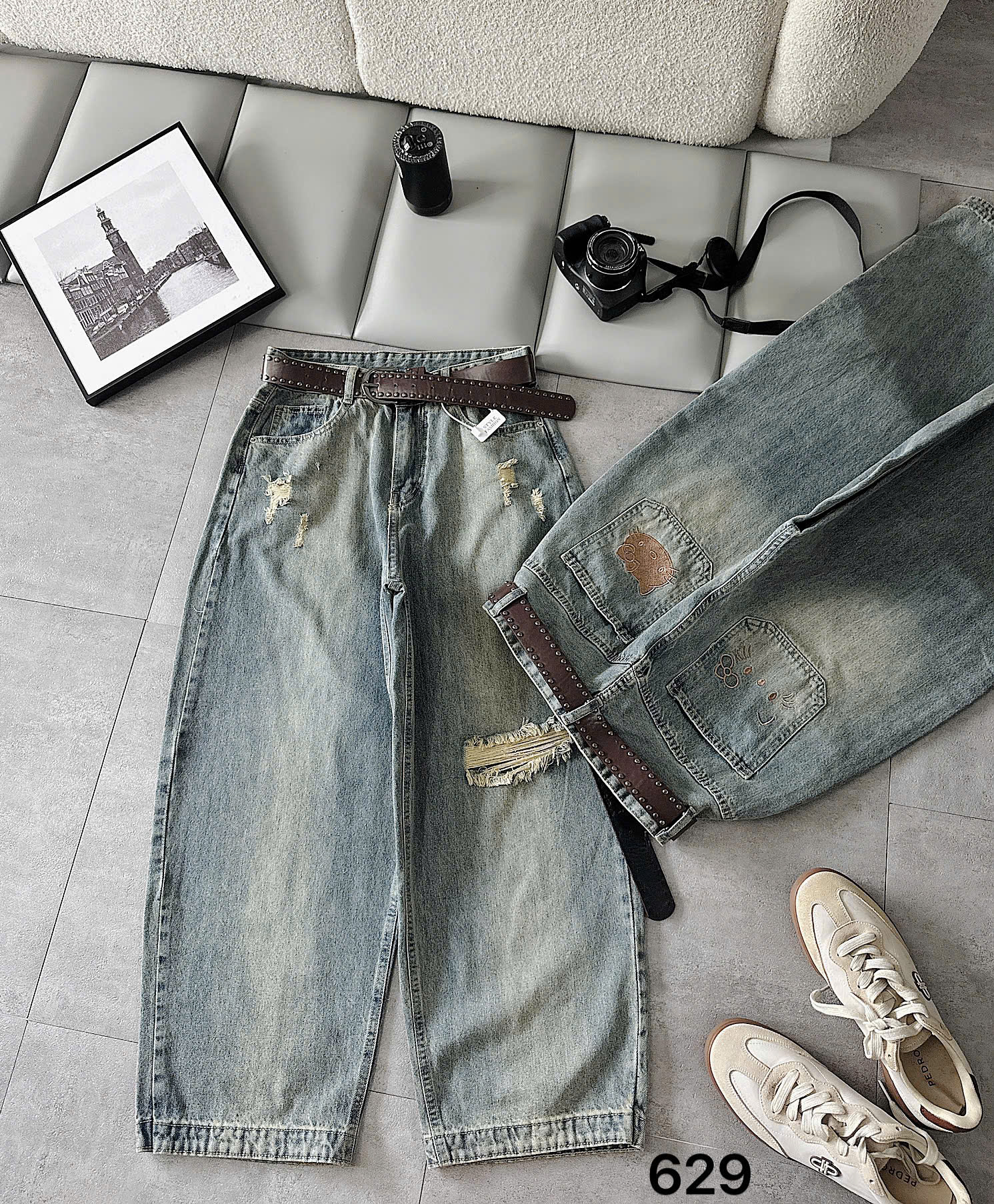Quần jean boy thụng bigsize T-QJ629 xanh nhạt nguyên chiếc và thân sau thêu mèo