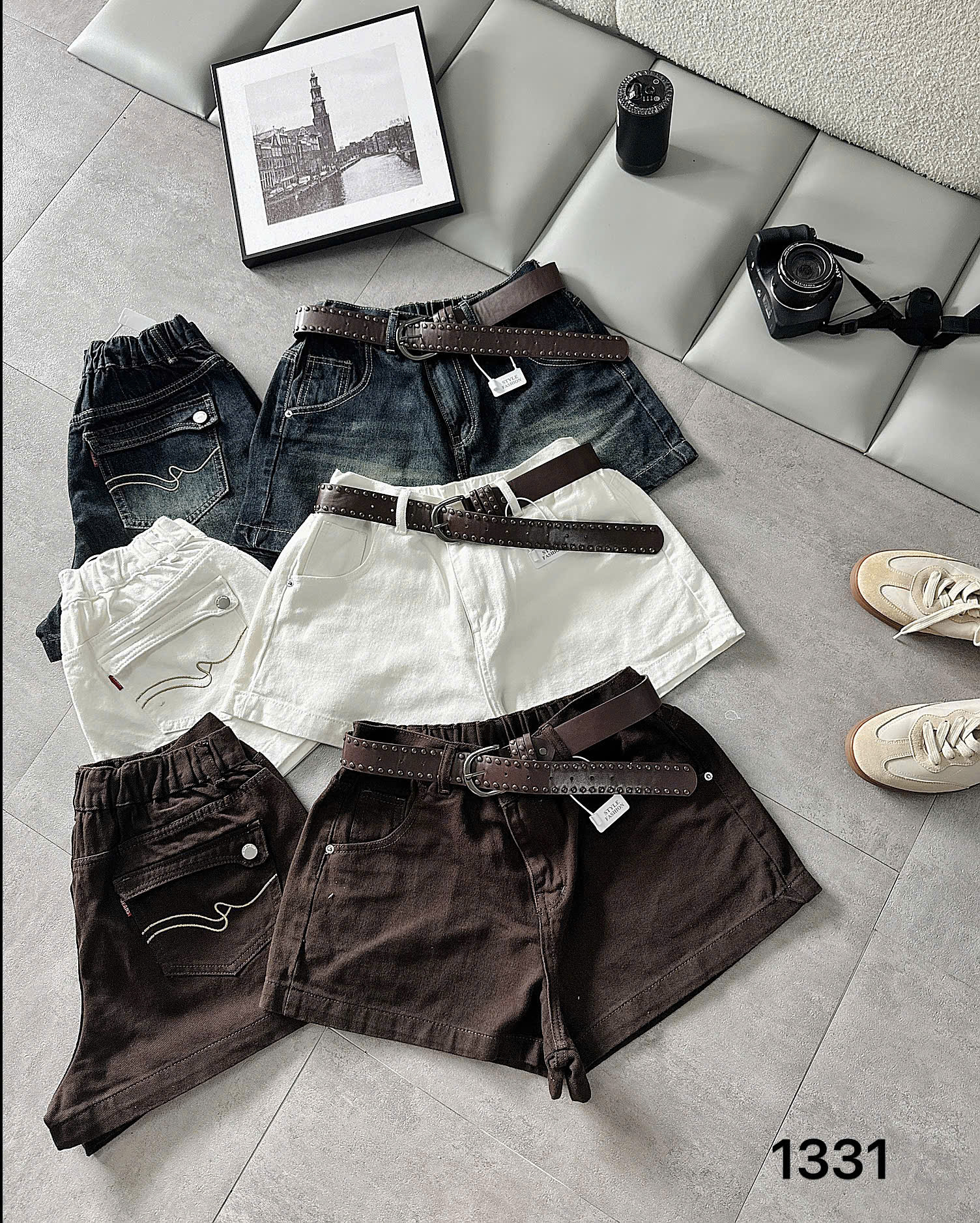 Quần short jean túi hộp bigsize T-QSJ1331 ba màu xanh đậm trắng và nâu nhìn từ mặt trước và mặt sau