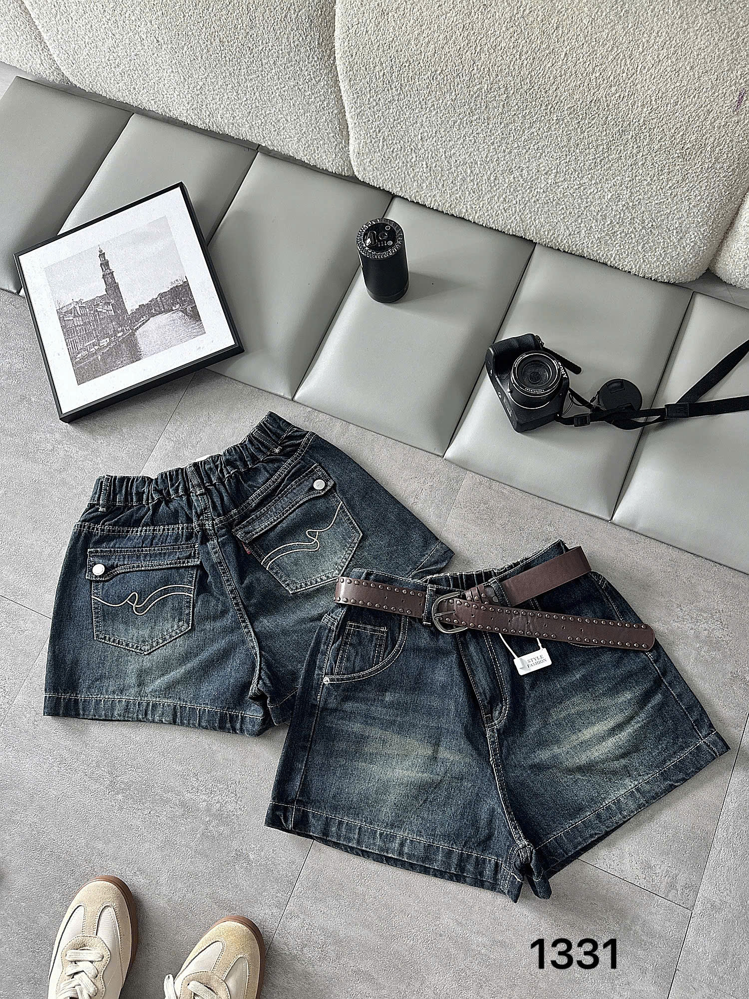 Quần short jean túi hộp bigsize màu xanh đậm wash T-QSJ1331 mặt trước và mặt sau
