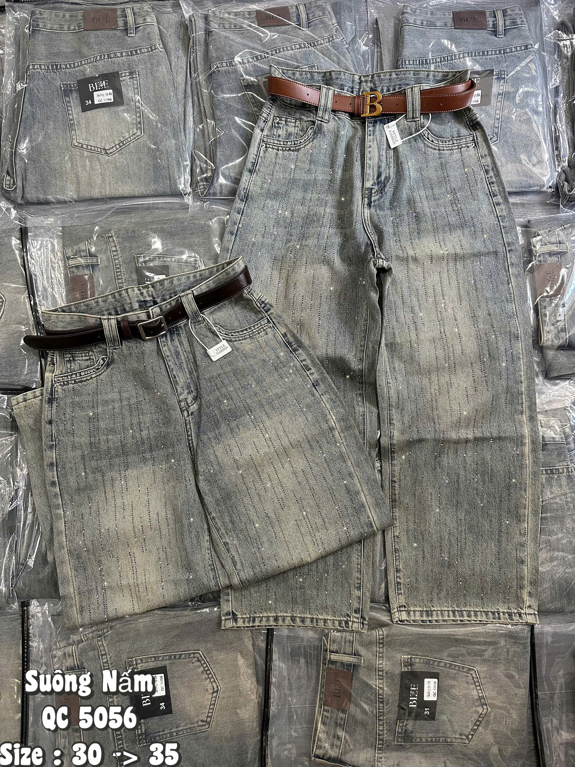 Màu wash nhạt bụi và các hàng đá dọc trên quần jean bigsize T-QJ5056