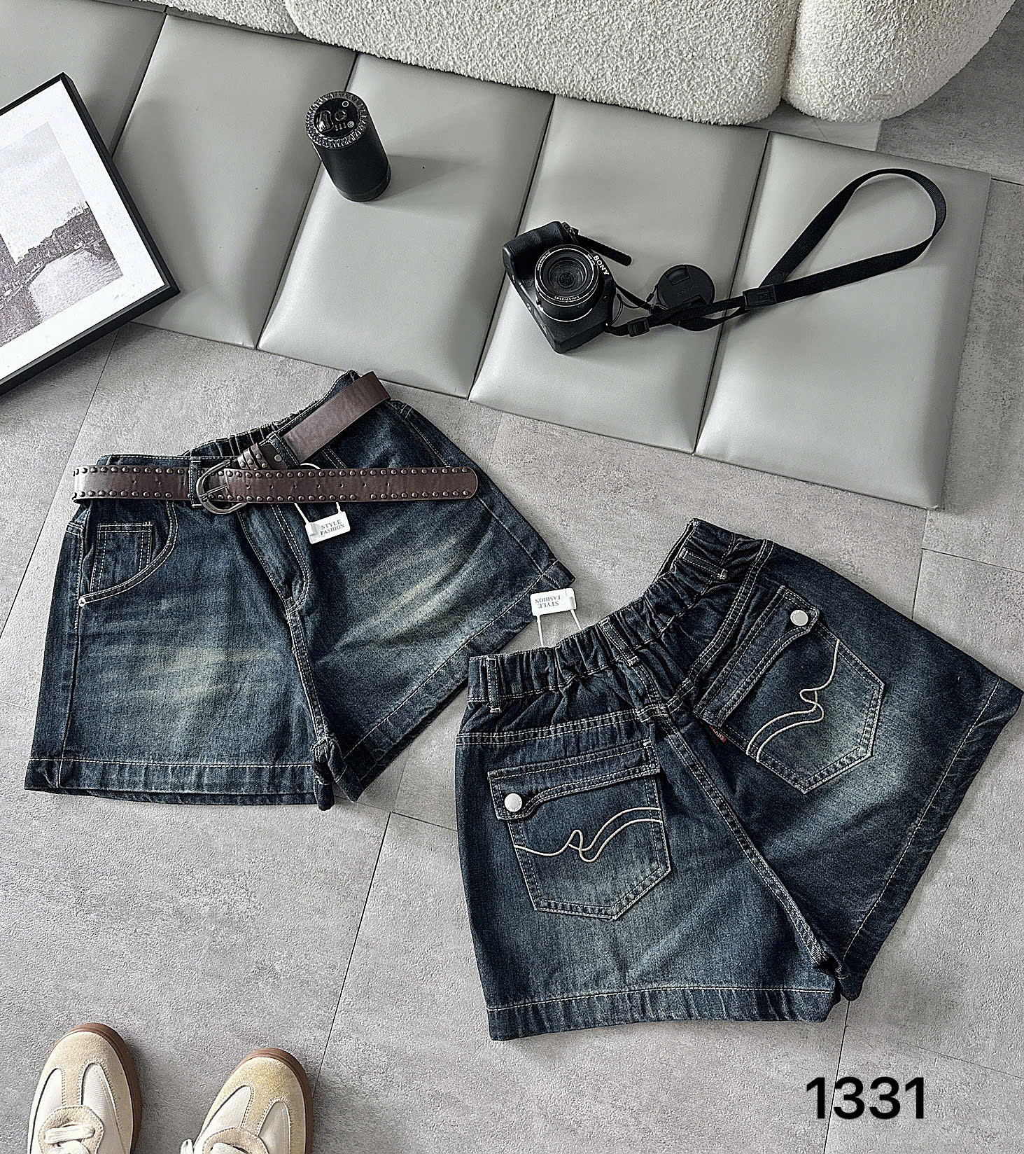 Chi tiết mặt trước và lưng thun sau quần short jean xanh đậm wash bigsize T-QSJ1331