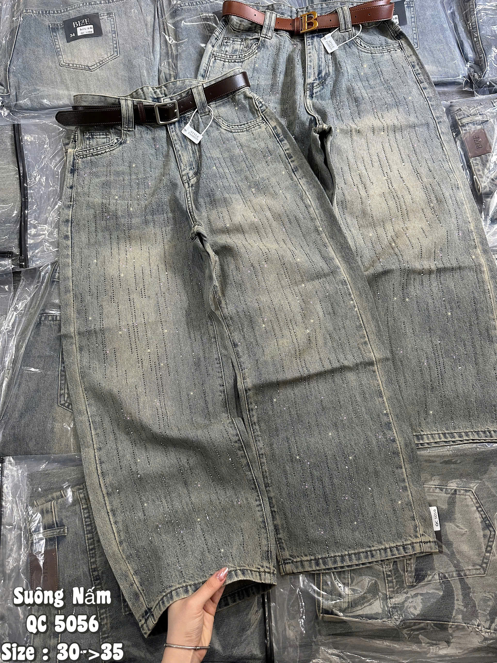 Đường ống và gấu quần jean suông nấm ép đá bigsize T-QJ5056