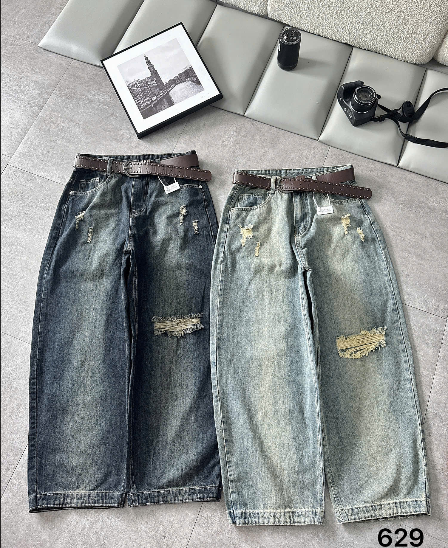 Quần jean boy thụng bigsize T-QJ629 xanh đậm và xanh nhạt với form ống rộng