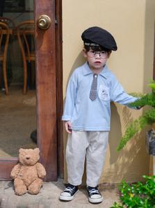 Bộ dài quần dài bé trai có cổ in hình