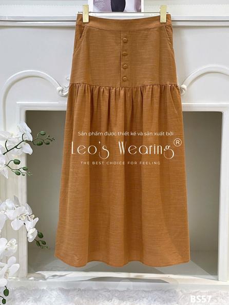 Product image - BS57-Chân váy linen cotton dáng dài đính nút màu nâu