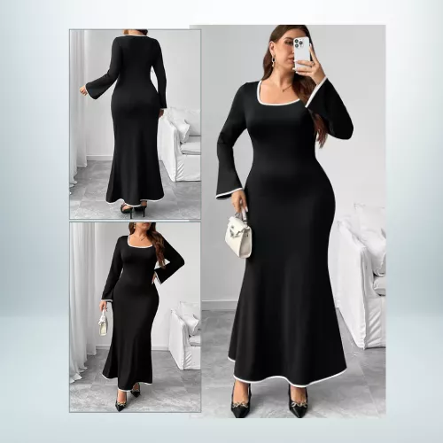 Product image - Plus Size women black square neck long sleeve minimalist maxi dress