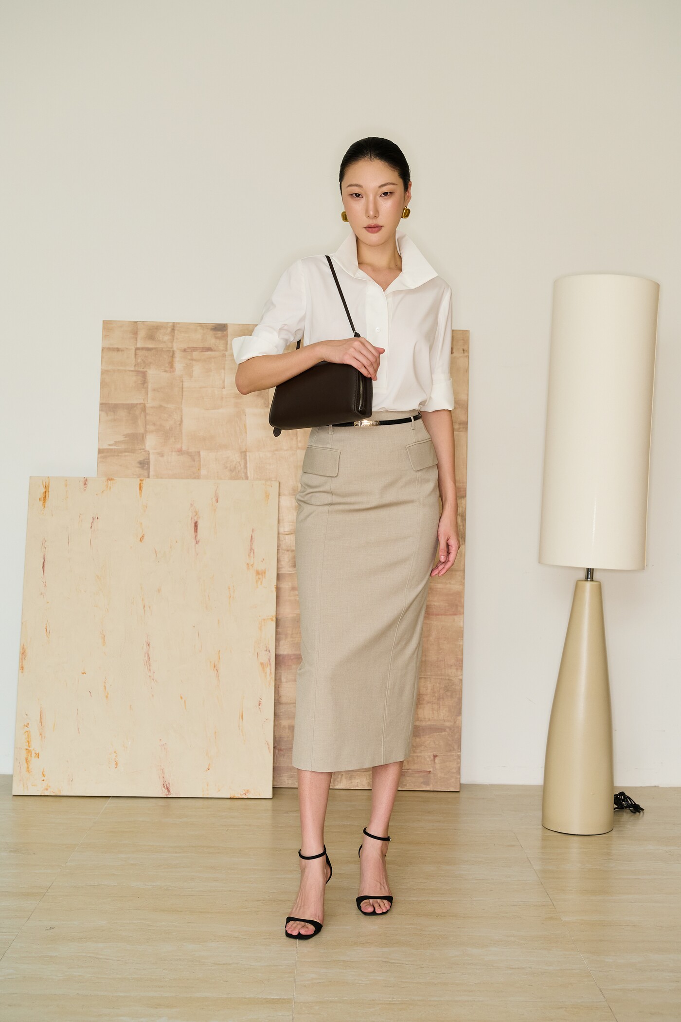 Rolled sleeve shirt and pencil skirt