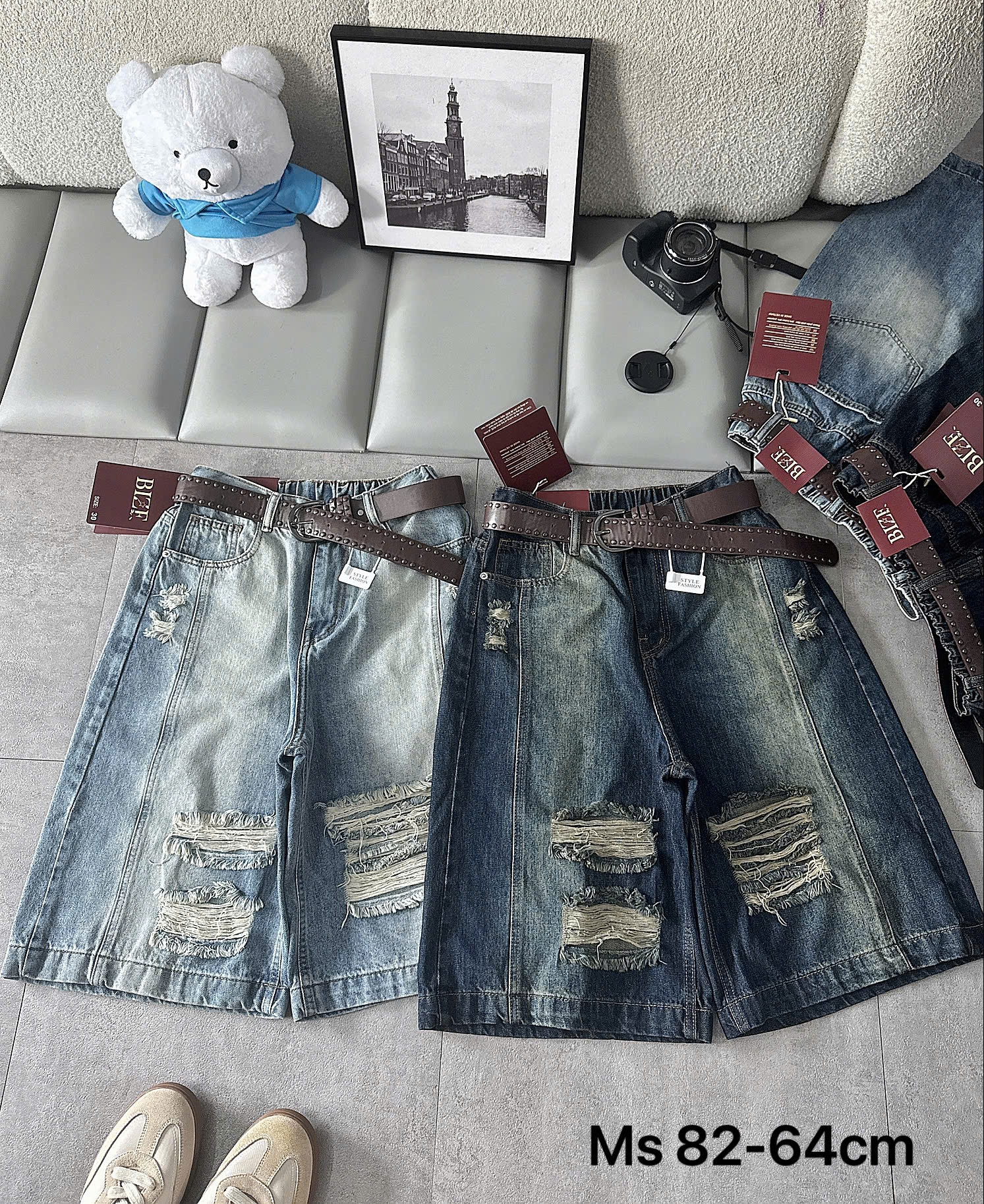 Hai tông wash quần jean lửng lưng thun bigsize T-QSJ82 phối rách dáng A rộng