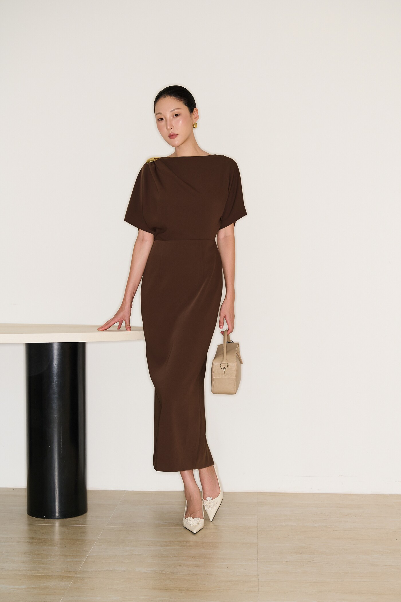 Asymmetric draped dress in cocoa brown