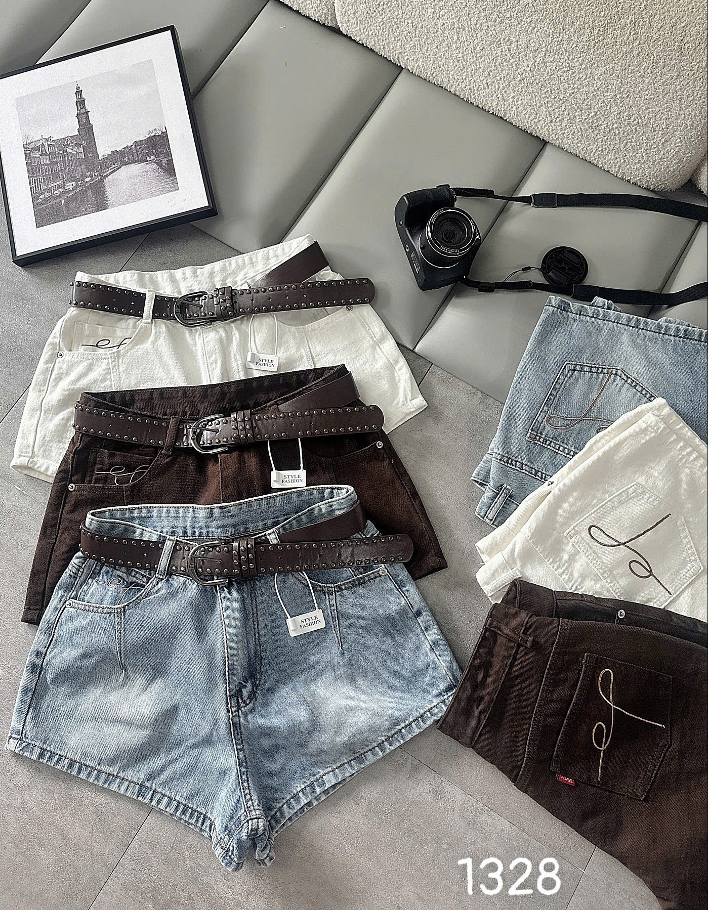 Quần short jean T-QSJ1328 ba màu, túi trước và túi sau có thêu