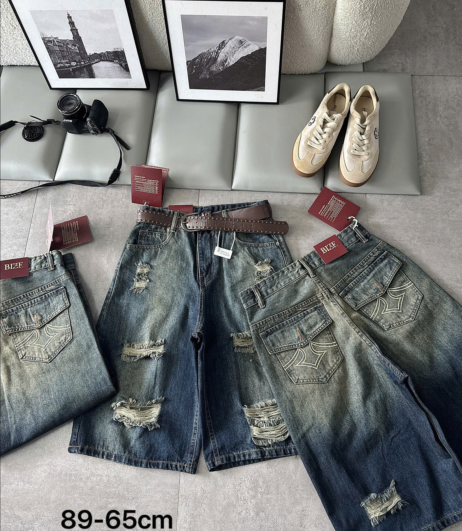 Quần jean lửng T-QSJ89 dáng A rộng, wash loang đậm, rách xước và túi sau thêu