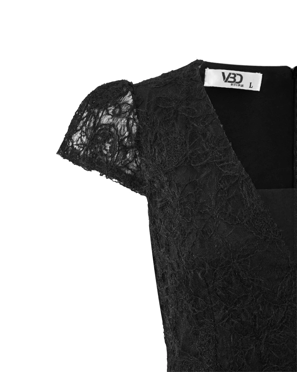 Close-up of the short feather-lace sleeve of V-DA245