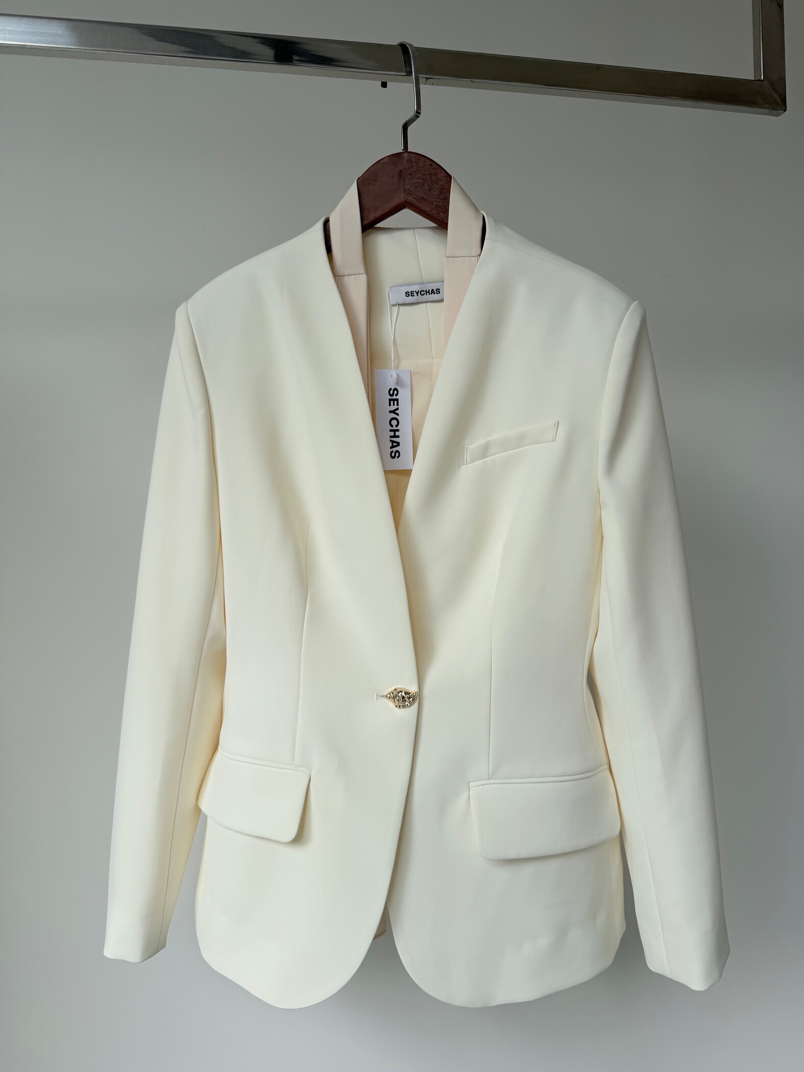 Collarless silk-scarf blazer