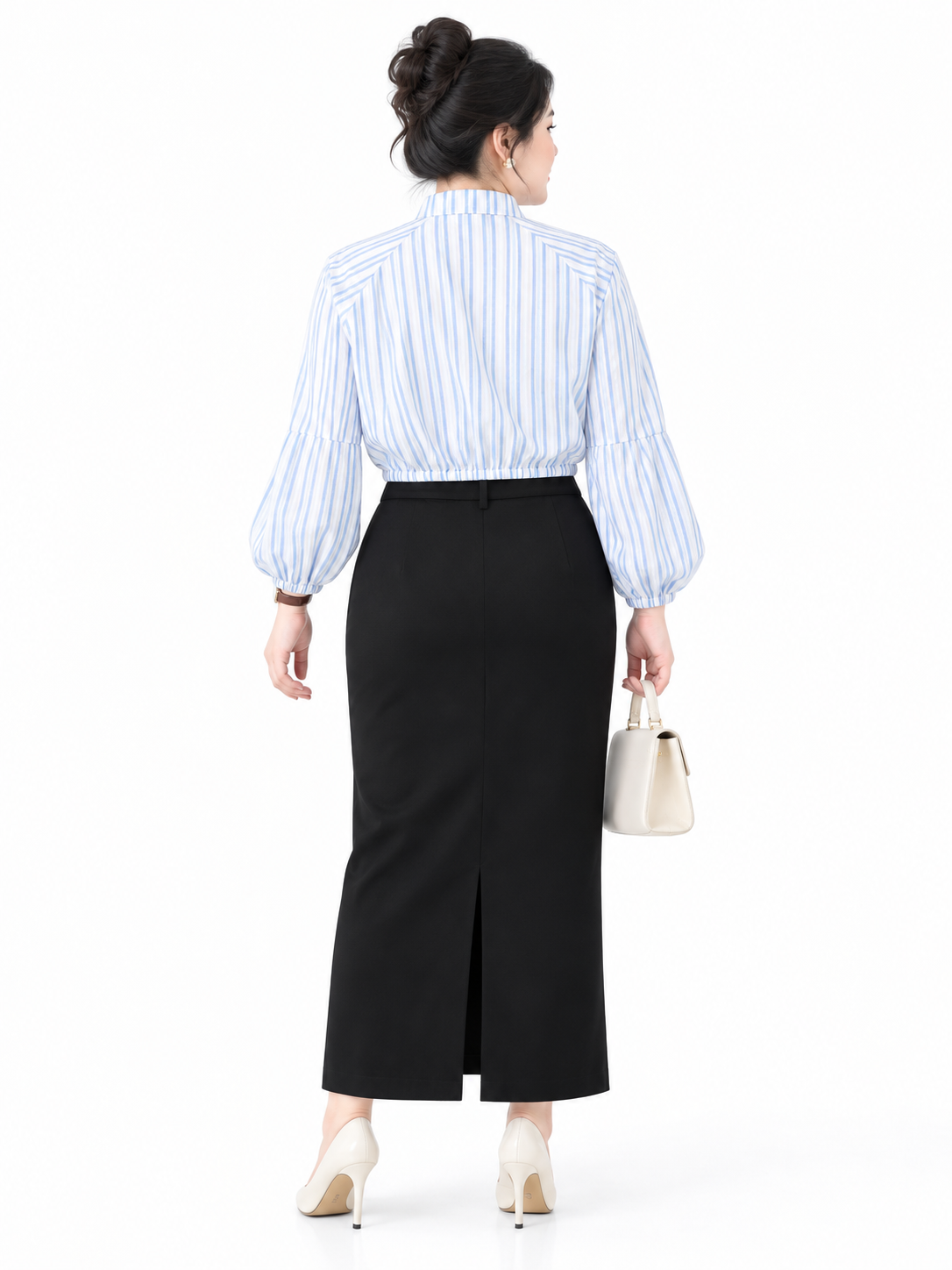 Áo Kiểu Xô Sọc Cổ Trụ Tay Bồng Phối Nút Bigsize Bo Eo - Xanh Trắng - Vừa 55–95kg - V-AK138_thumbnail_2
